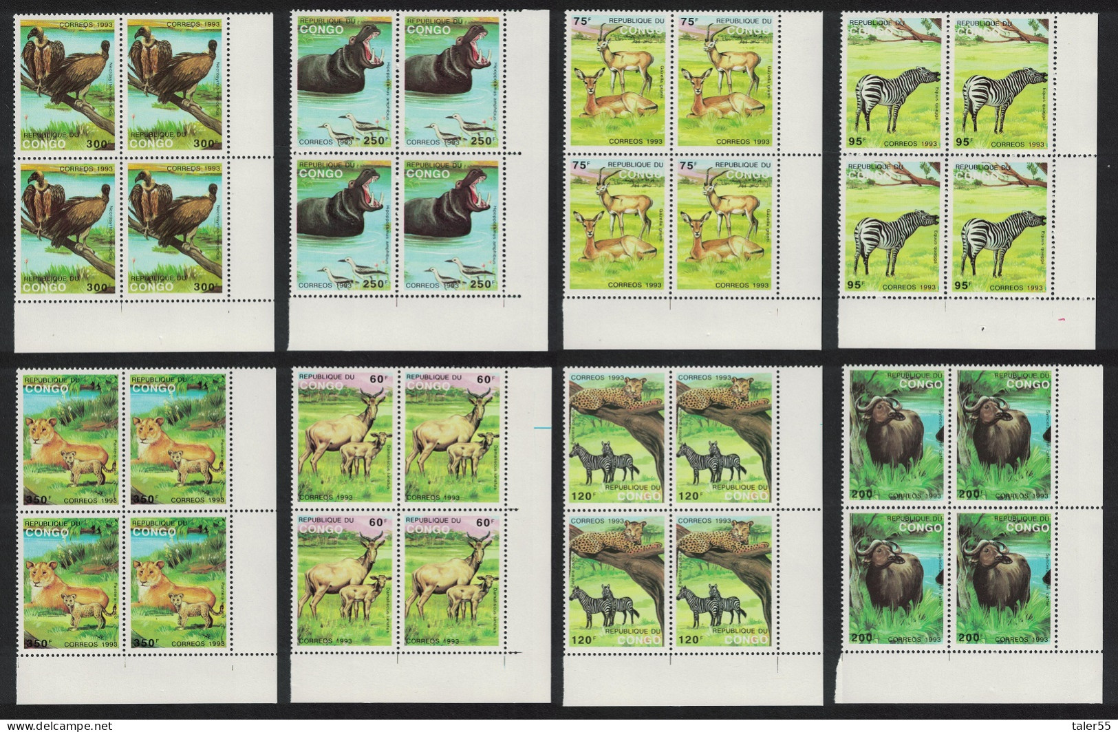 Congo Birds Hippo Zebra Cheetah Wild Animals 8v Corner Blocks Of 4 1993 MNH SG#1349-1356 MI#1363-1370 - Nuevas/fijasellos