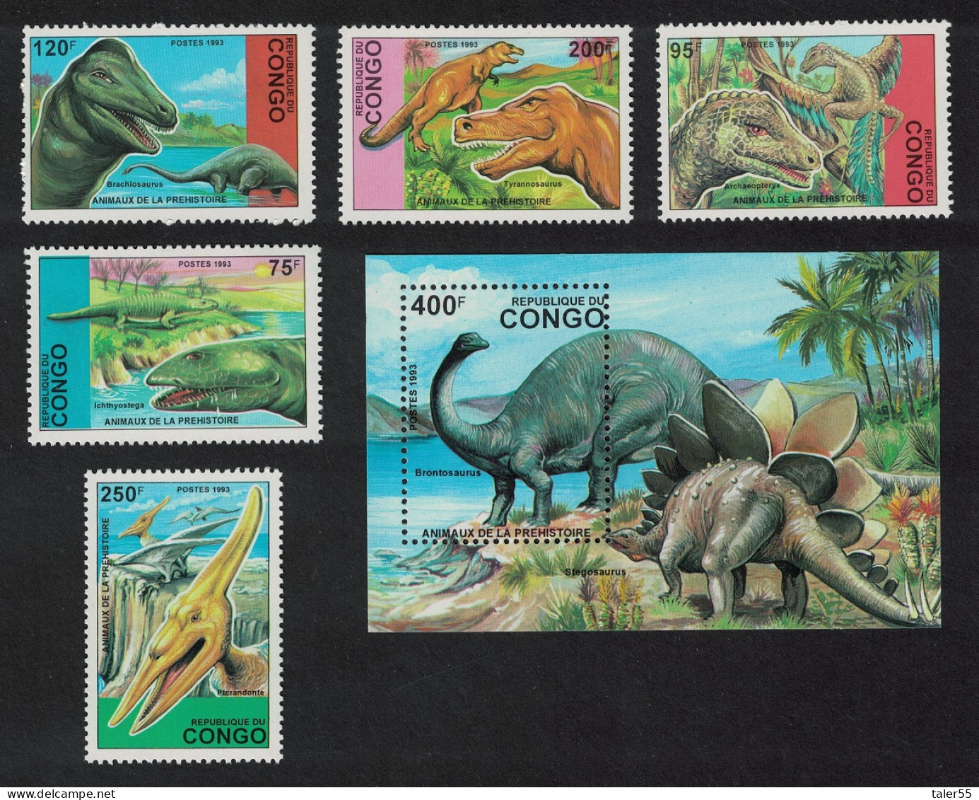 Congo Dinosaurs 5v+MS 1993 MNH MI#1398-1402+Block 124 - Nuovi