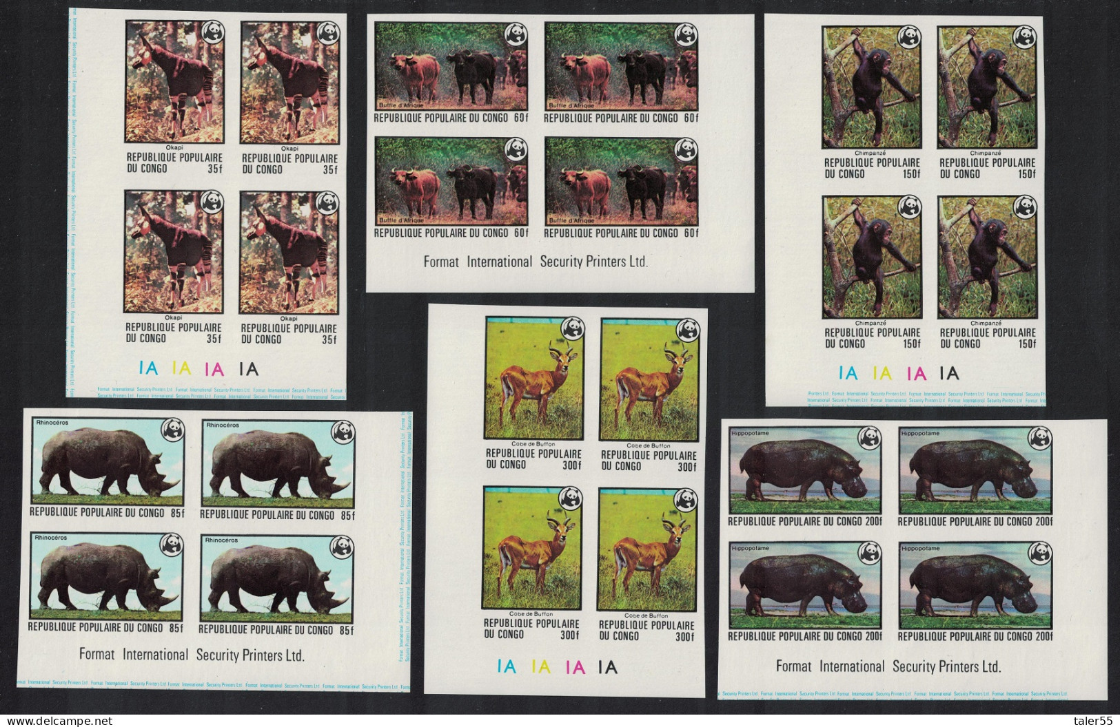 Congo WWF Endangered Species 6 Imperf Corner Blocks Of 4 1978 MNH SG#620-625 MI#630B-635B Sc#453-458 - Mint/hinged