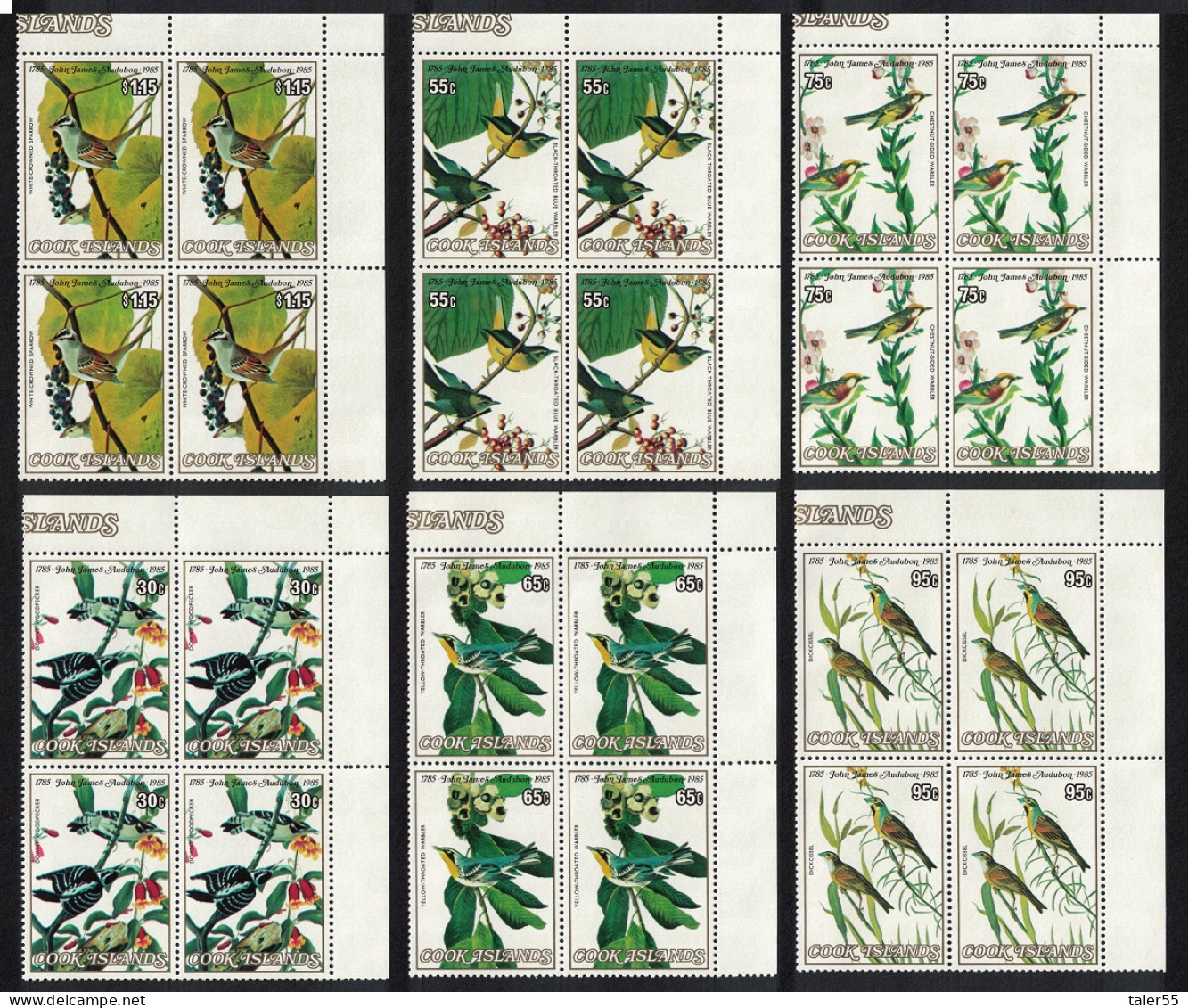 Cook Is. Birds Audubon 6v Corner Blocks Of 4 1985 MNH SG#1015-1020 - Cook