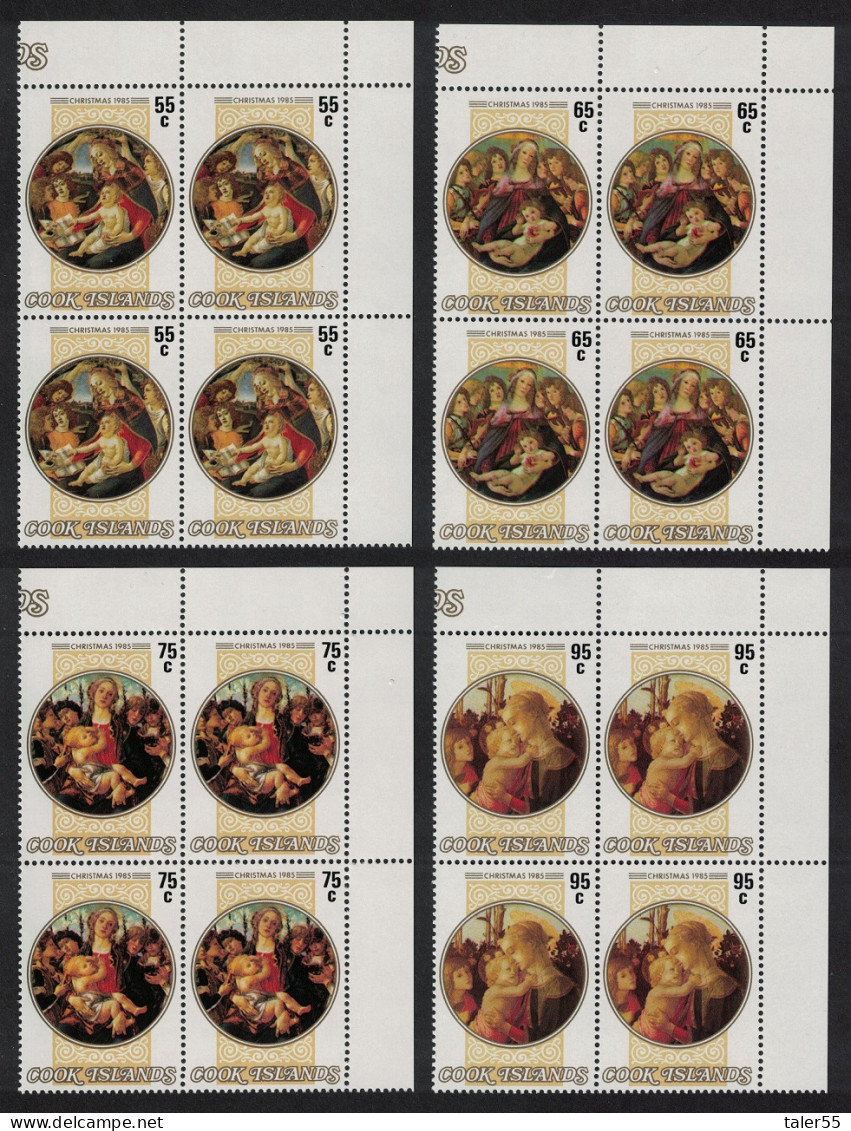 Cook Is. 'Virgin And Child' Paintings By Botticelli Corner Blocks Of 4 1985 MNH SG#1052-1055 - Cook