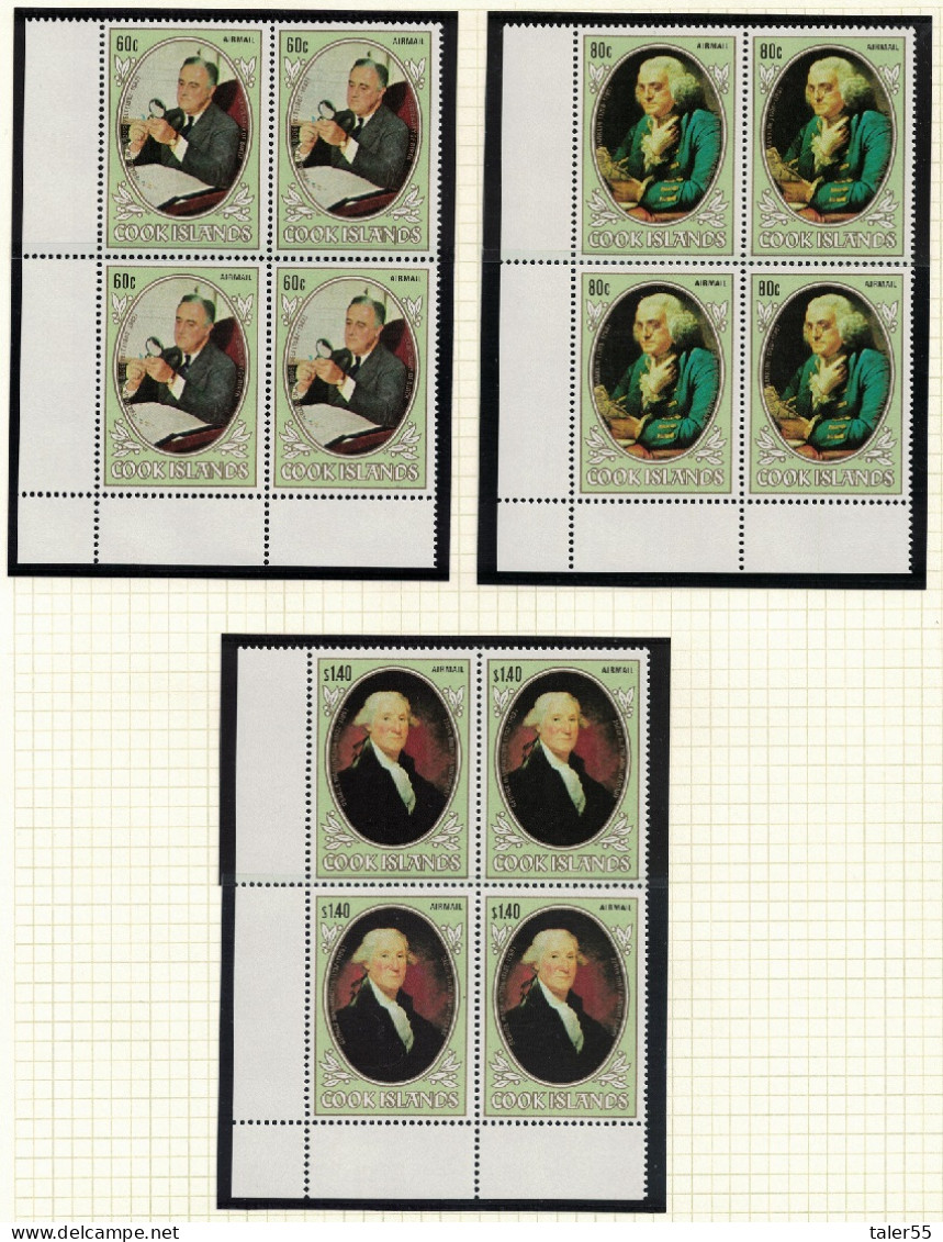 Cook Is. Roosevelt Franklin Washington 3 Corner Blocks Of 4 1982 MNH SG#852-854 - Cookeilanden