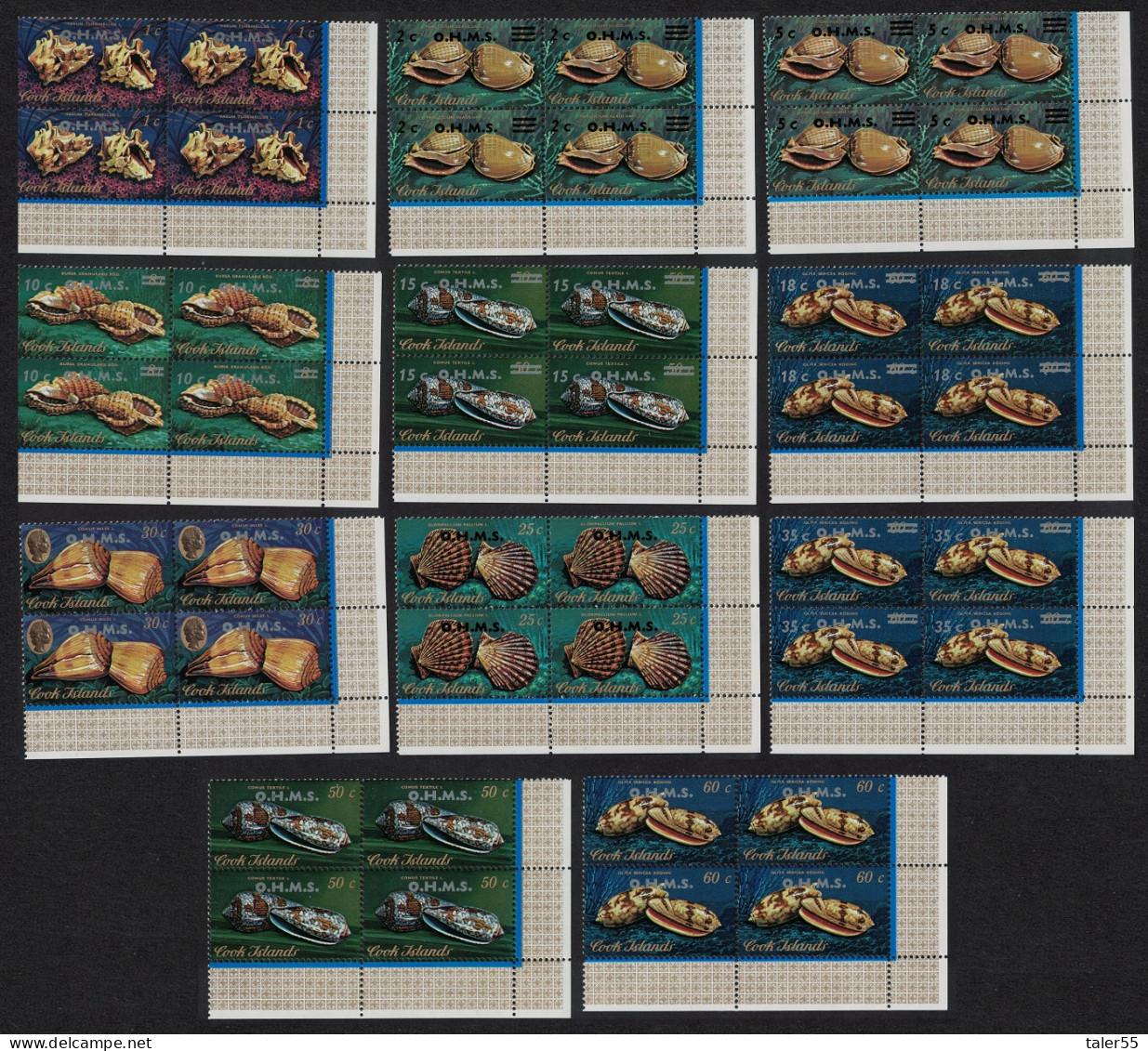 Cook Is. Shells 11v Overprint 'O.H.M.S.' Corner Blocks Of 4 1978 MNH SG#O16-O26 - Islas Cook