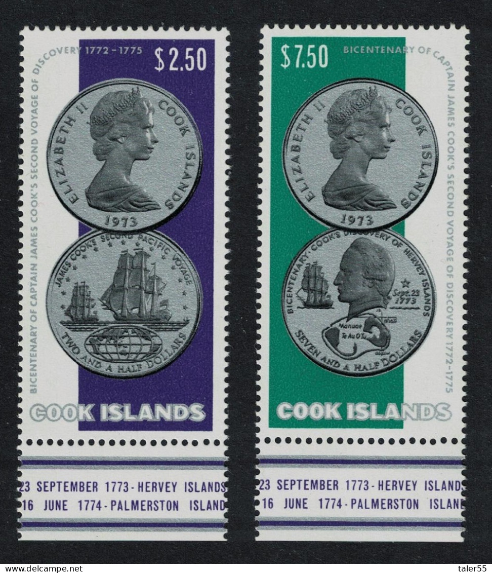 Cook Is. Captain Cook's Voyage Coins 2v 1974 MNH SG#492-493 - Islas Cook