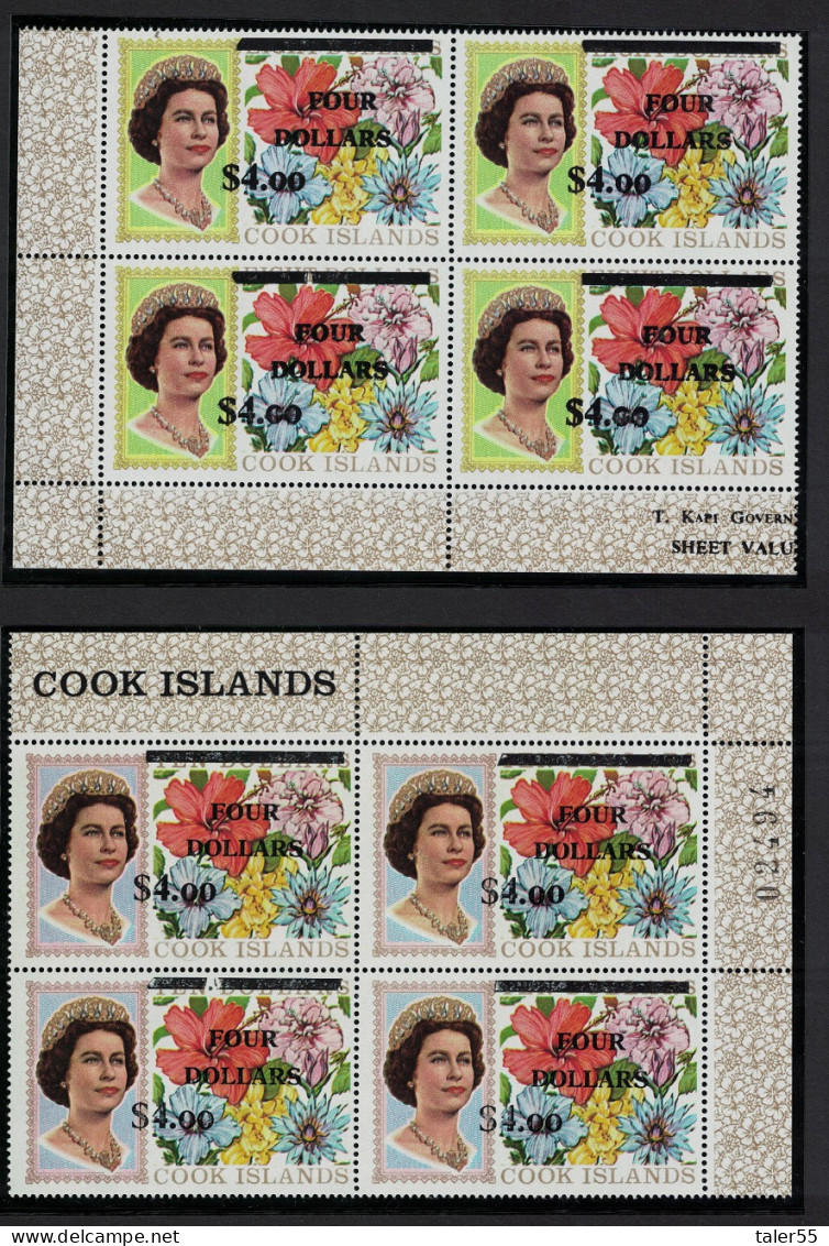 Cook Is. Flowers Surch Without Security Corner Blocks Of 4 RAR 1970 MNH SG#335-336 MI#254x-255x - Islas Cook