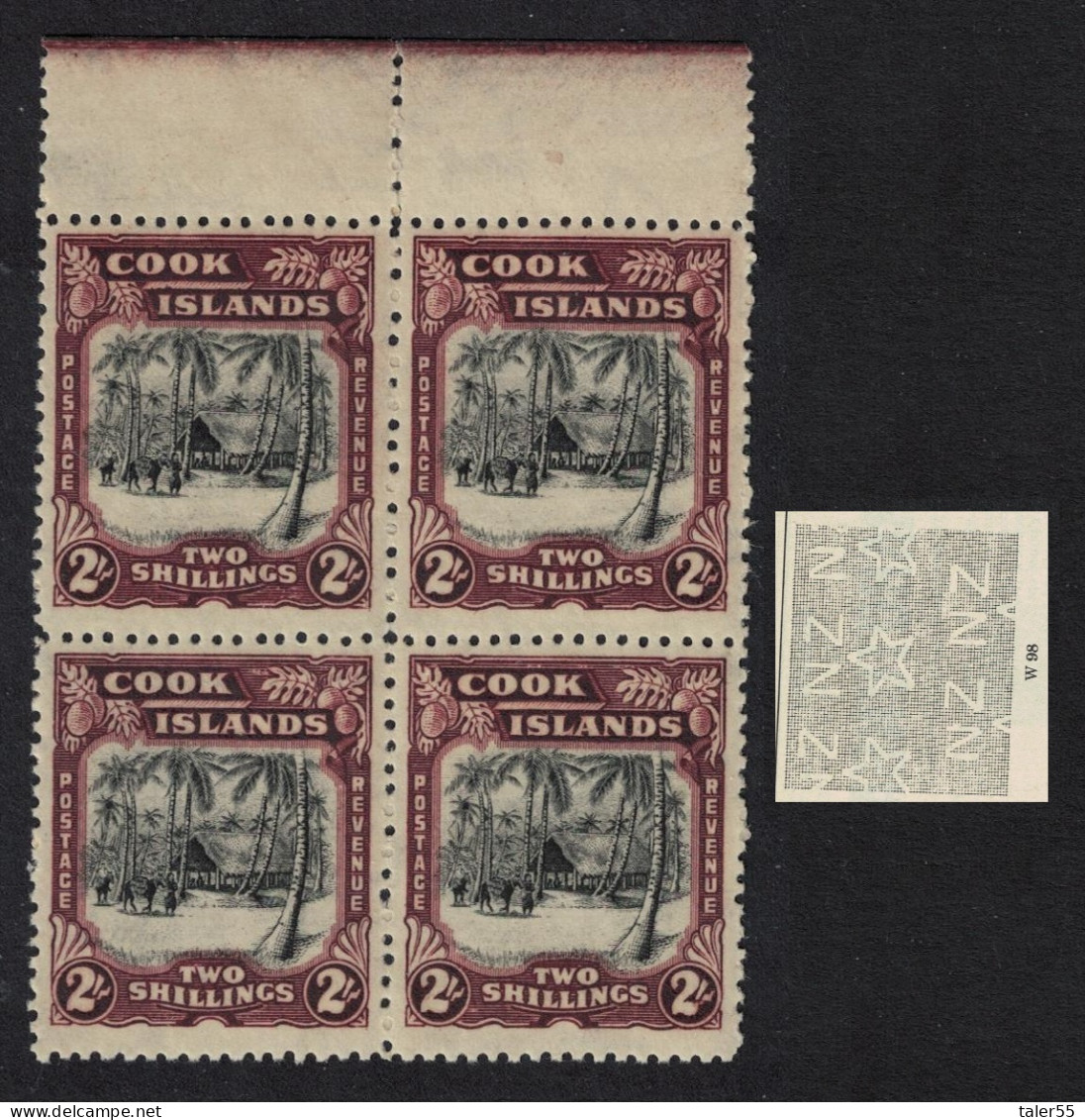 Cook Is. Native Village 2Sh WZ98 Block Of 4 1945 MNH SG#144 - Islas Cook