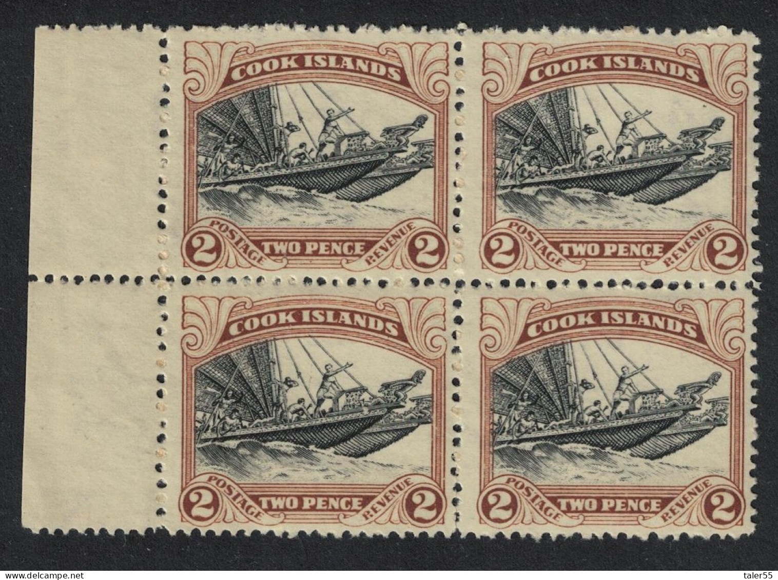 Cook Is. Double Maori Canoe 2d Block Of 4 PERF 14! 1932 MNH SG#101a MI#31C - Cook