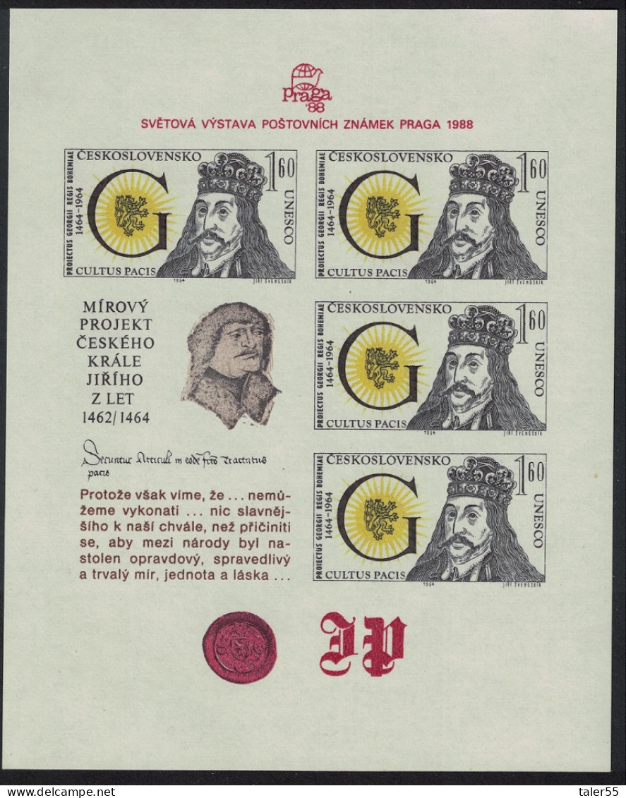 Czechoslovakia King George Of Podebrady's Religious Peace Plans MS 1988 MNH SG#MS2949 - Unused Stamps