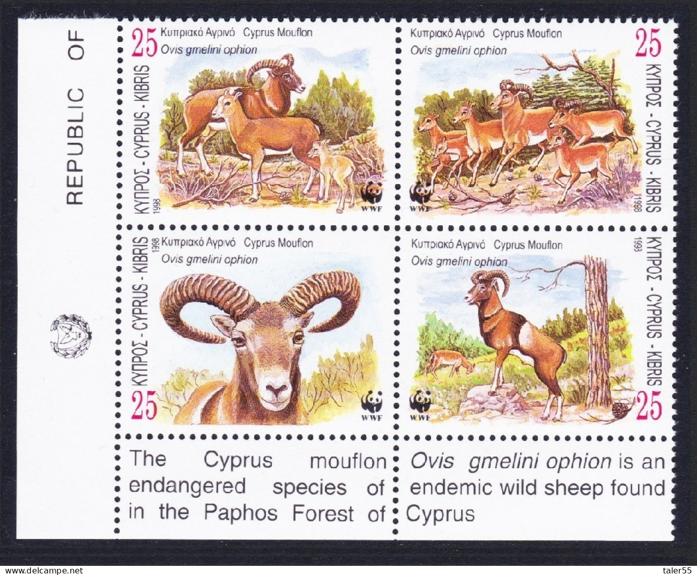Cyprus WWF Mouflon Corner Block Of 4v With Description 1998 MNH SG#941-944 MI#914-917 Sc#920-923 - Ungebraucht