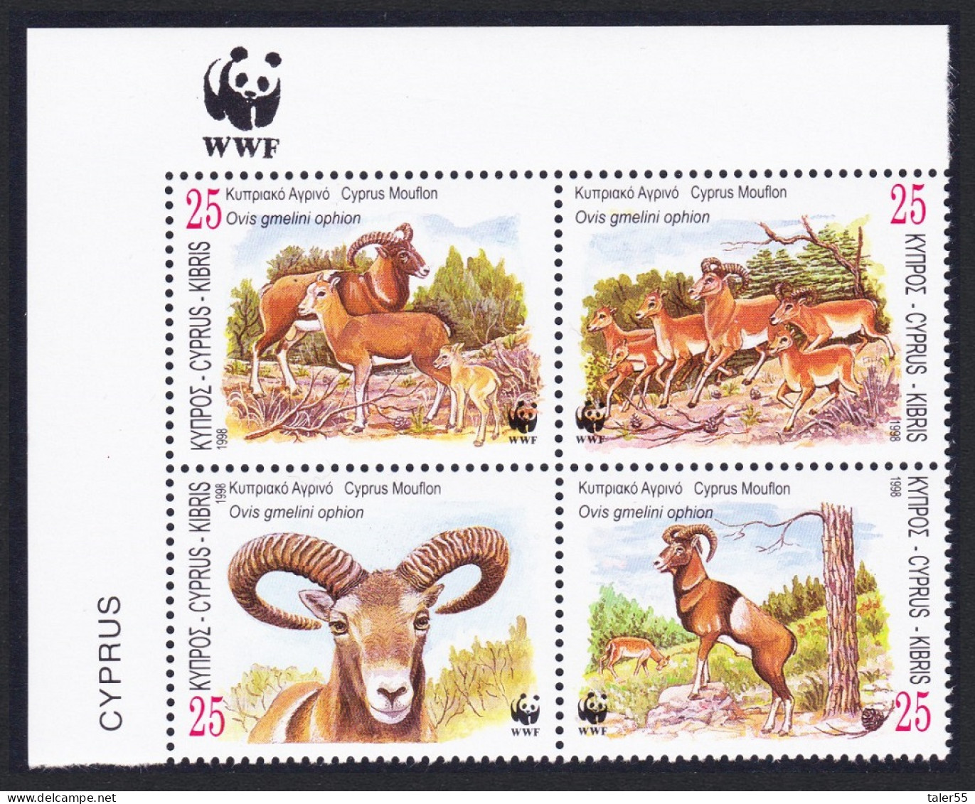 Cyprus Mouflon 4v Corner Block 2*2 WWF Logo 1998 MNH SG#941-944 MI#914-917 Sc#920-923 - Ungebraucht