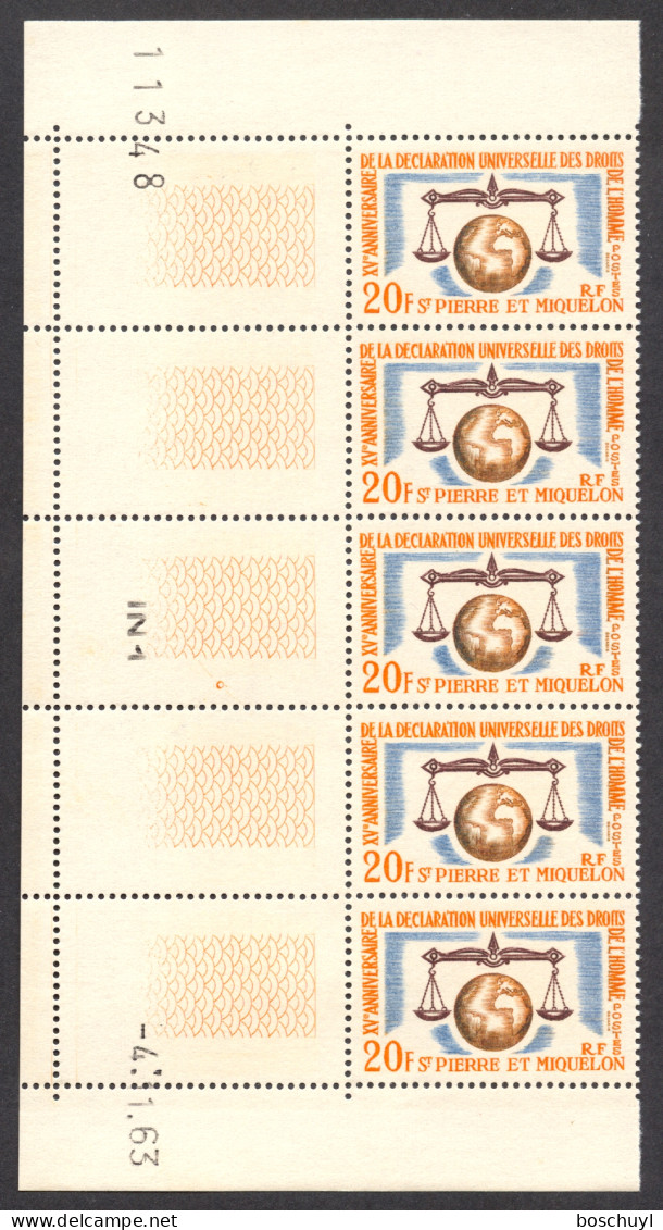 St Pierre And Miquelon, 1963, Human Rights Declaration, 15th Anniversary, United Nations, MNH Tab Strip, Michel 405 - Neufs