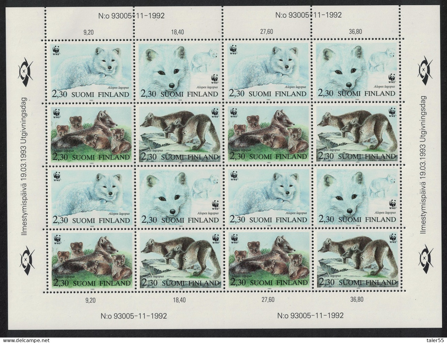 Finland WWF Arctic Fox Sheetlet Of 4 Sets 1993 MNH SG#1310-1313 MI#1202-1205 Sc#907 A-d - Neufs