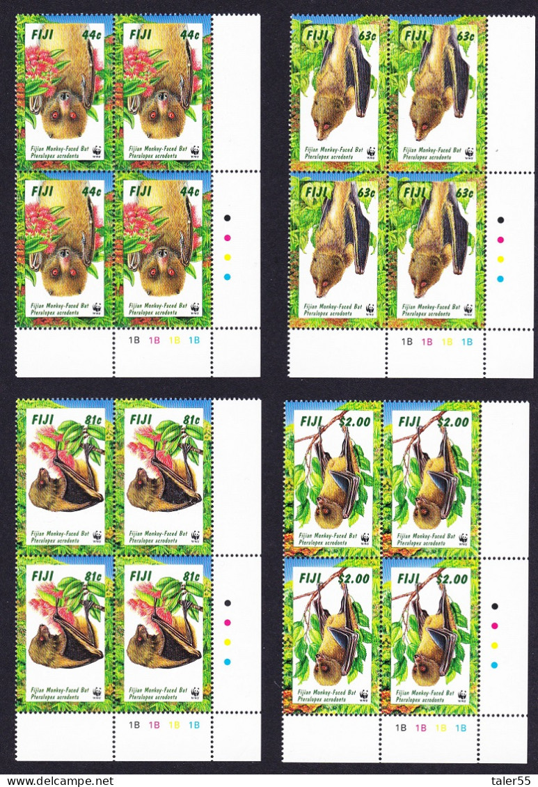 Fiji WWF Fijian Monkey-faced Bat 4 Corner Blocks 1997 MNH SG#986-989 MI#812-815 Sc#797-800 - Fidji (1970-...)