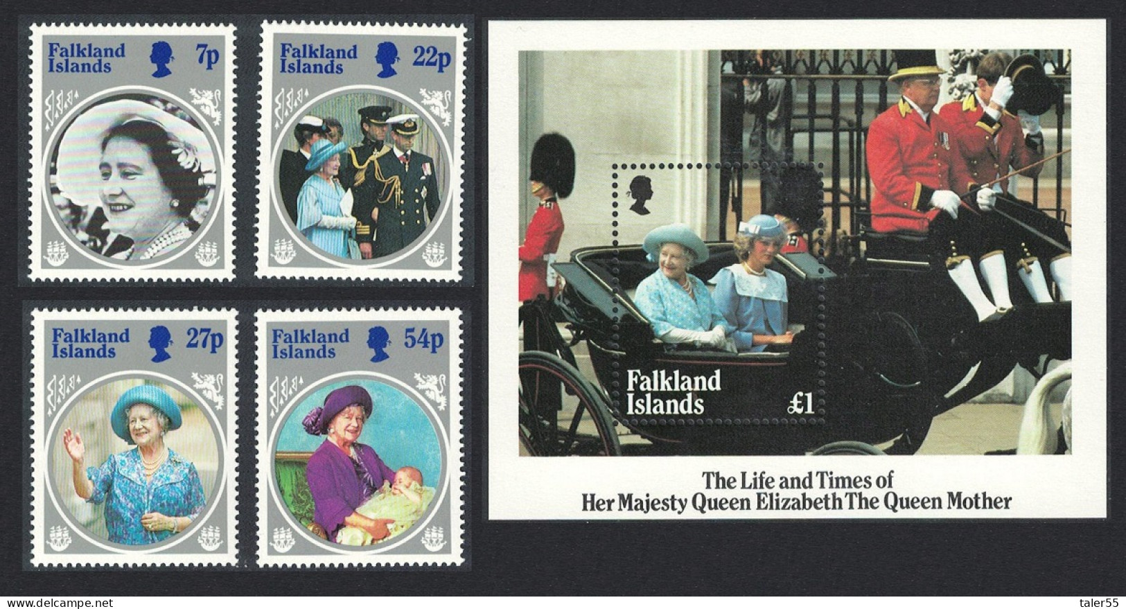 Falkland Is. Queen Elizabeth The Queen Mother 4v+MS 1985 MNH SG#505-MS509 MI#427-430+Block 5 Sc#420-424 - Islas Malvinas