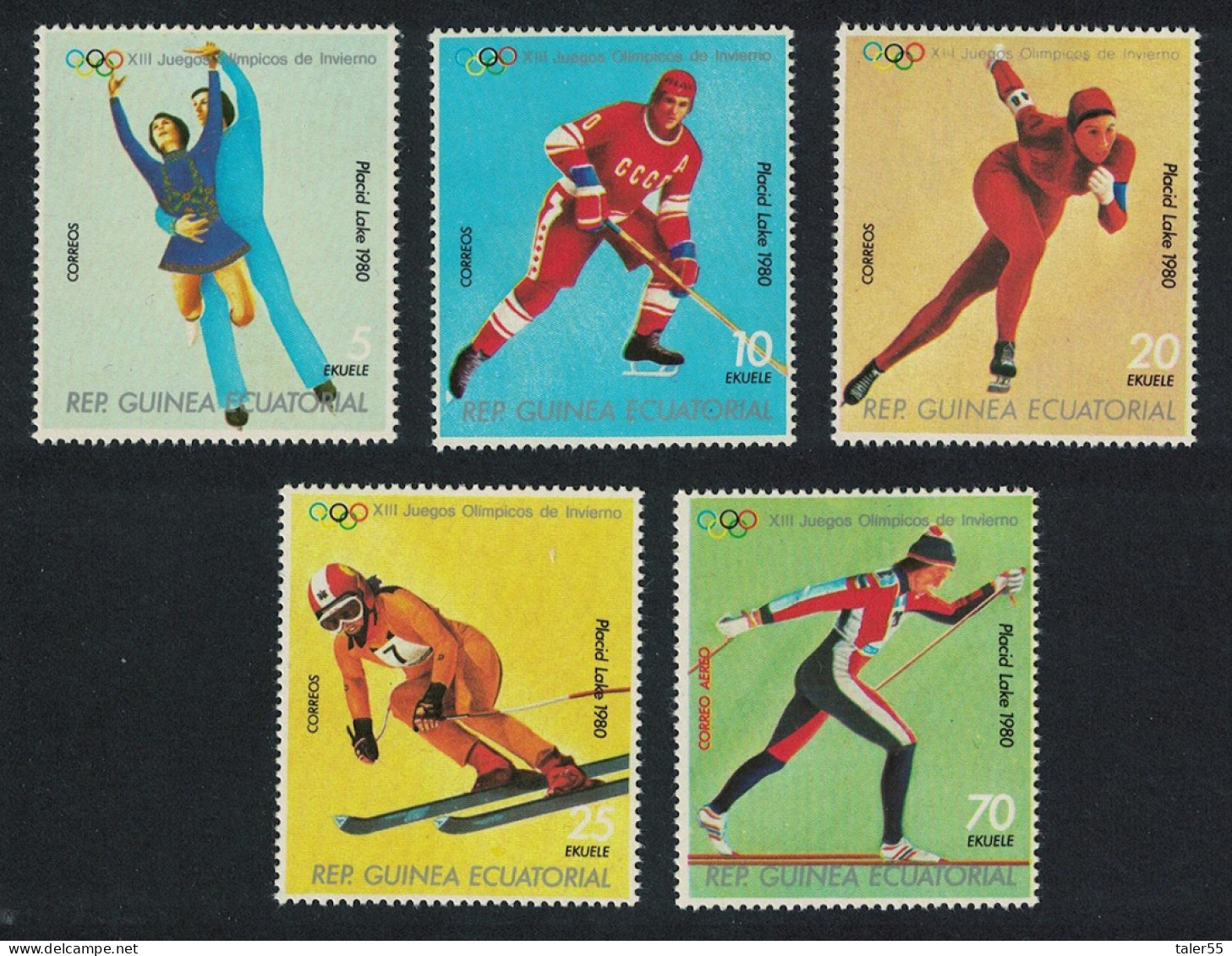 Eq. Guinea Slalom USSR Hockey Winter Olympic Games Lake Placid 5v 1978 MNH Sc#7819-7823 - Guinea Ecuatorial