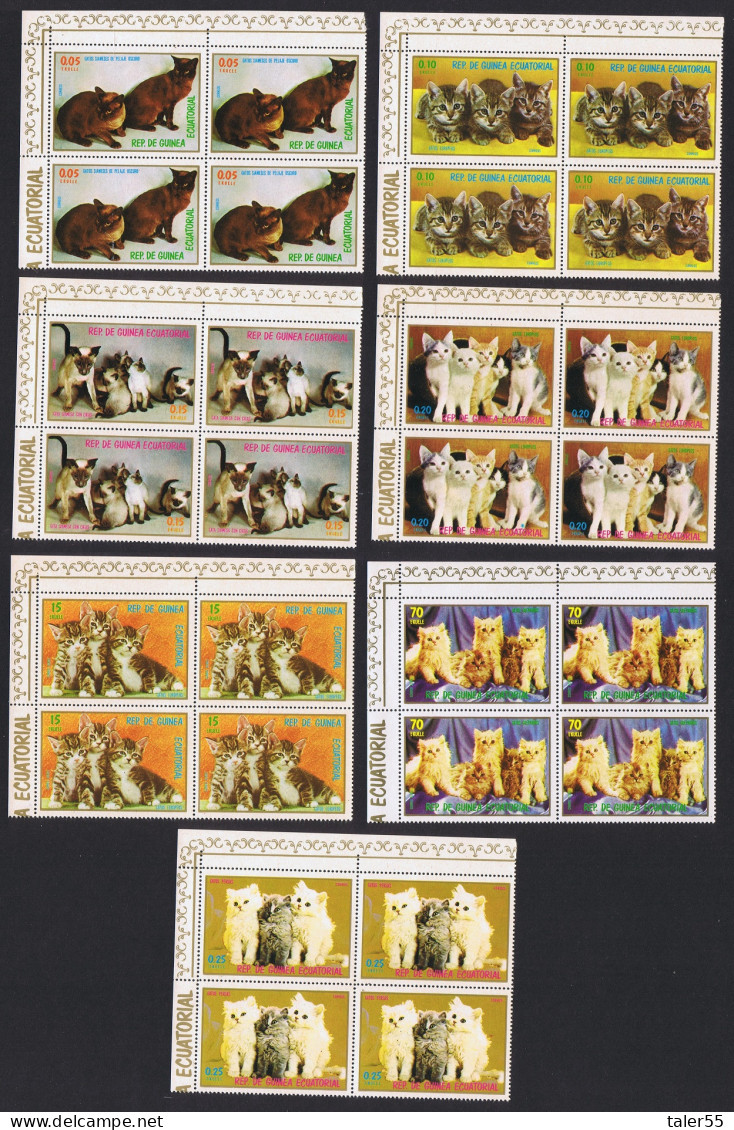 Eq. Guinea Cats And Kittens 7v Blocks Of 4 1976 MNH MI#1016-1022 - Guinée Equatoriale