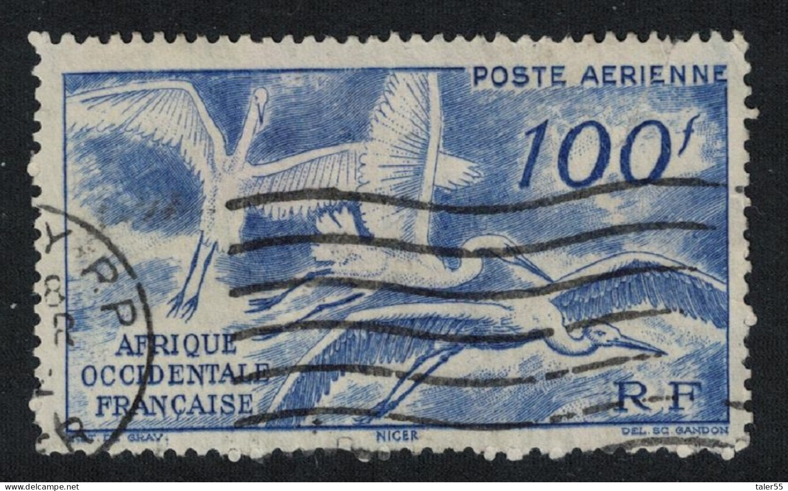 French West Africa Flight Of Great Egrets Birds 100F 1947 Canc SG#55 Sc#C13 - Africa (Other)