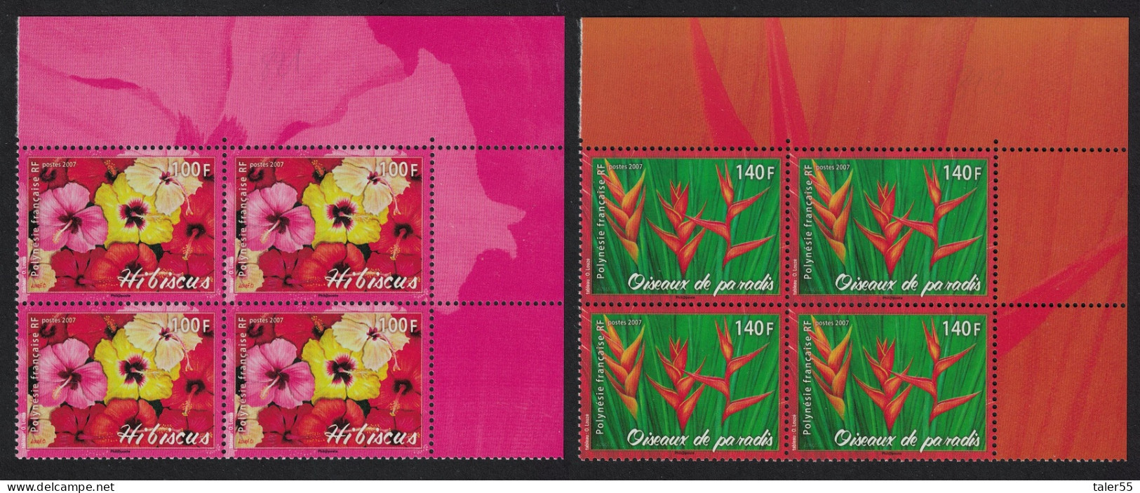 Fr. Polynesia Hibiscus Bird Of Paradise Flowers 2v Corner Blocks Of 4 2007 MNH SG#1067-1068 - Unused Stamps