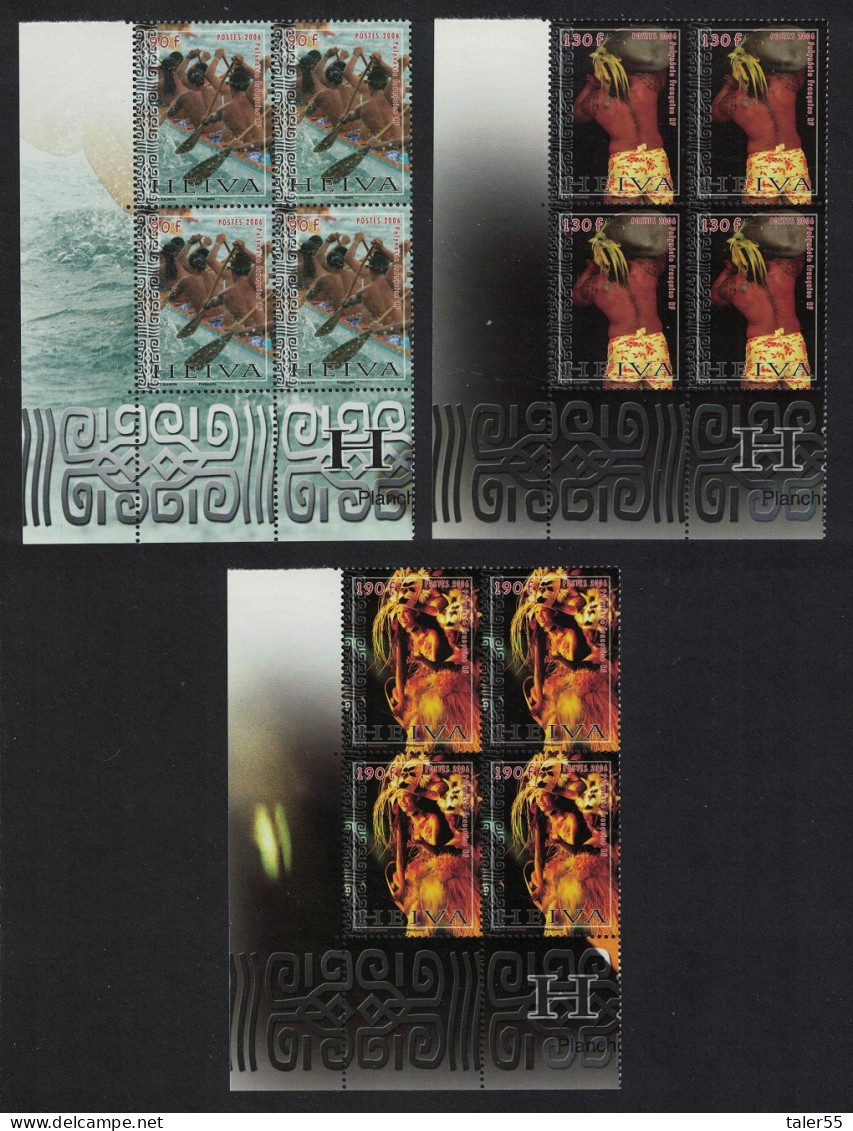 Fr. Polynesia Heiva Canoe Tattoo Costume 3v Corner Blocks Of 4 Number 2006 MNH SG#1029-1031 - Unused Stamps