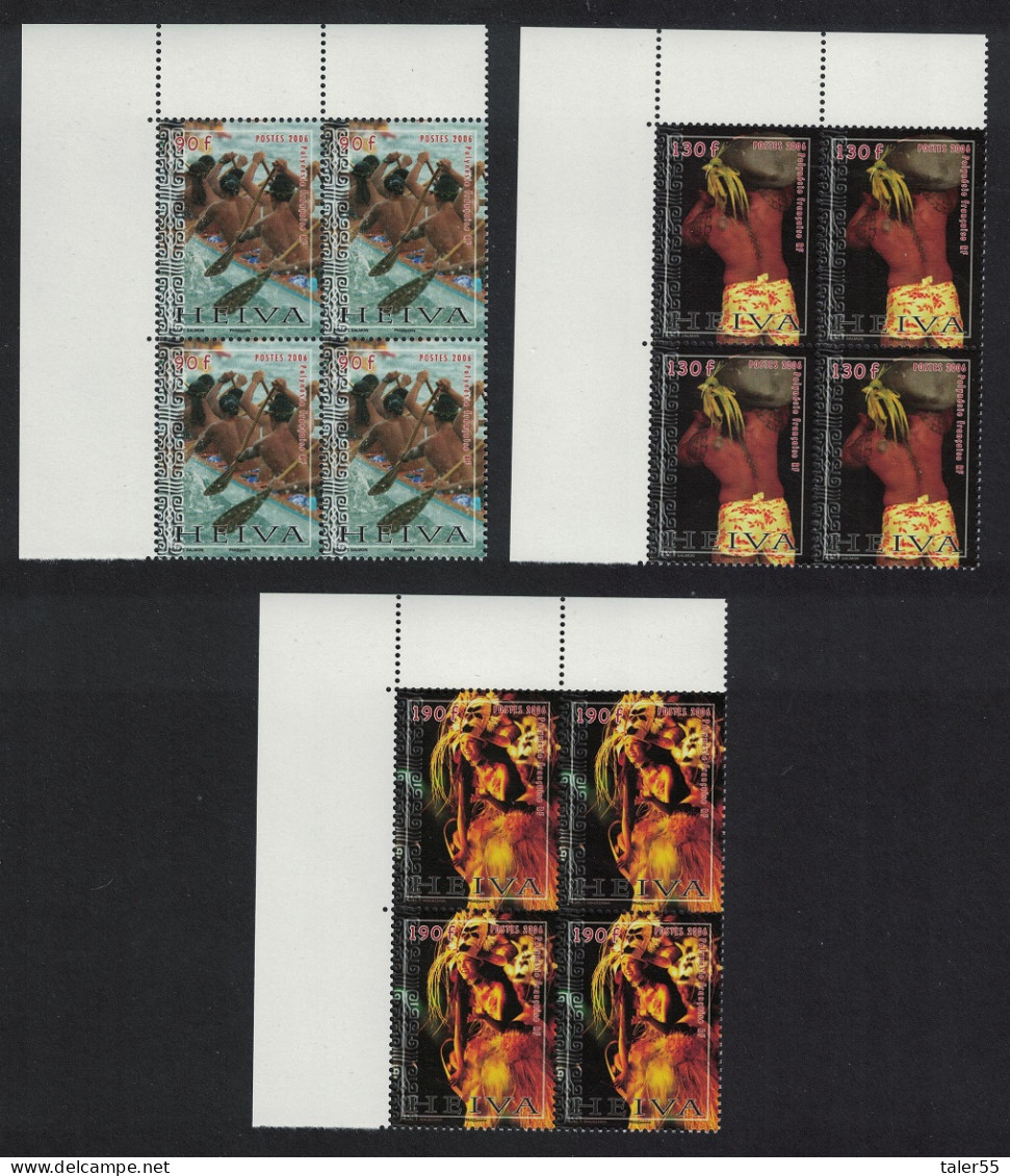 Fr. Polynesia Heiva Canoe Tattoo Costume 3v Corner Blocks Of 4 2006 MNH SG#1029-1031 - Unused Stamps