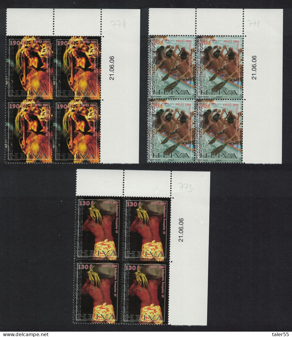 Fr. Polynesia Heiva Canoe Tattoo Costume 3v Corner Blocks Of 4 PM 2006 MNH SG#1029-1031 - Ongebruikt