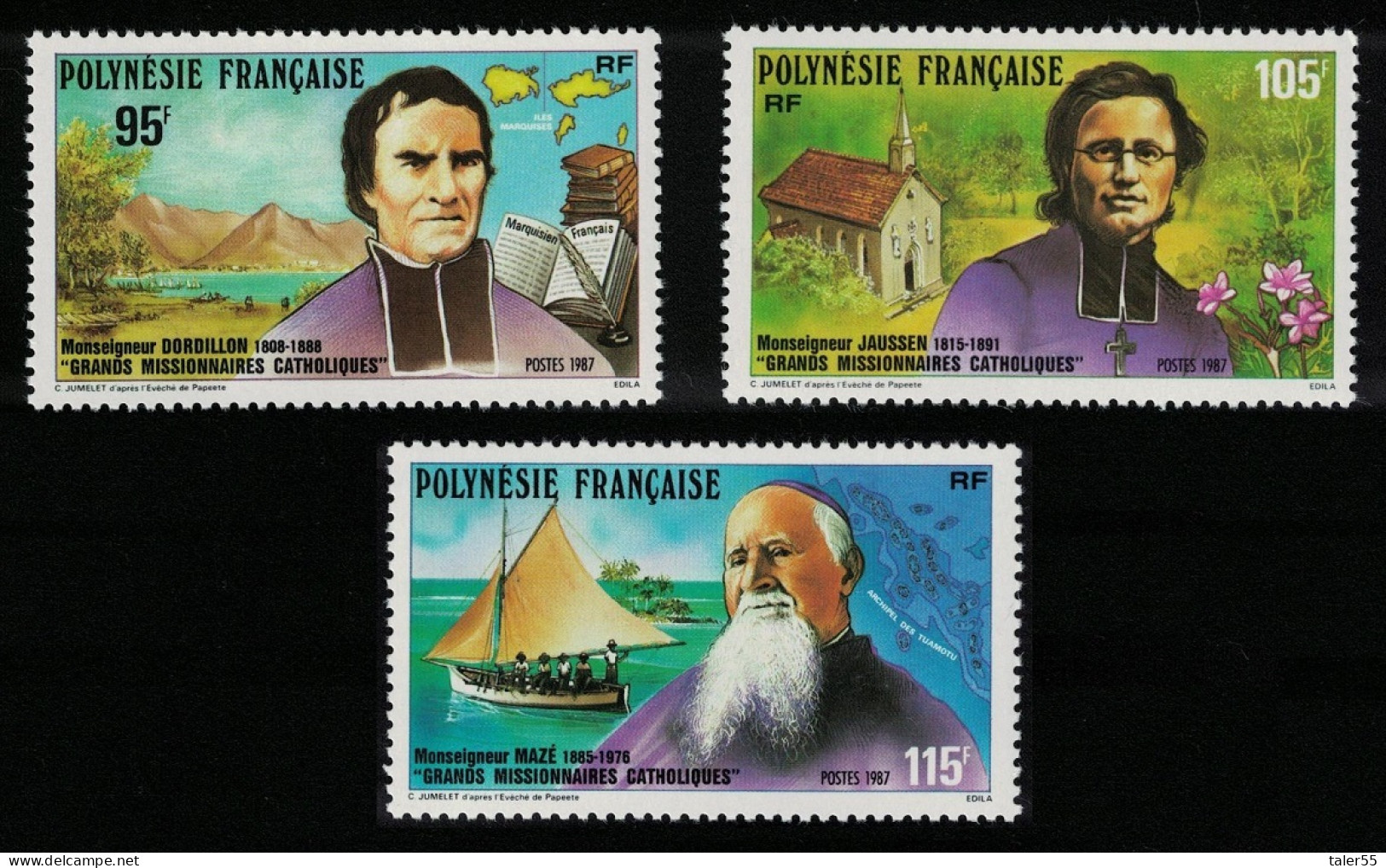 Fr. Polynesia Catholic Missionaries Ships Church 3v 1987 MNH SG#521-523 - Ungebraucht