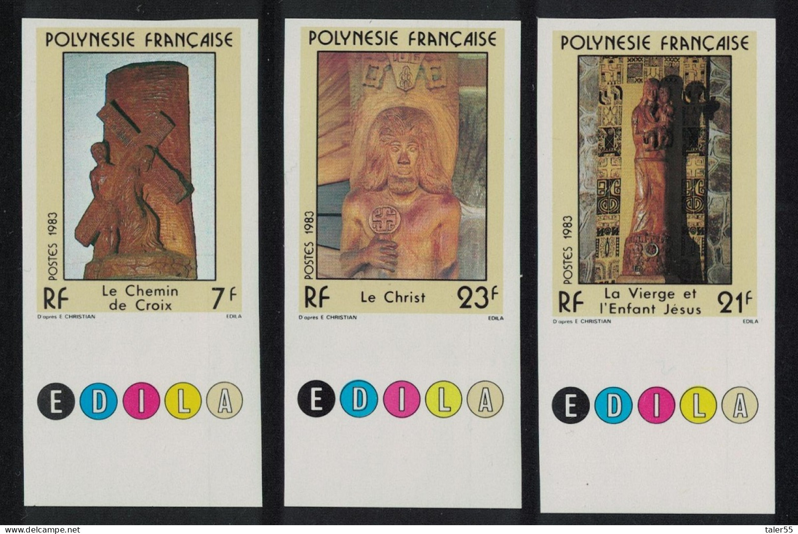 Fr. Polynesia Religious Sculptures By Damien Haturau 3v Imperf 1983 MNH SG#389-391 MI#372-374 - Neufs