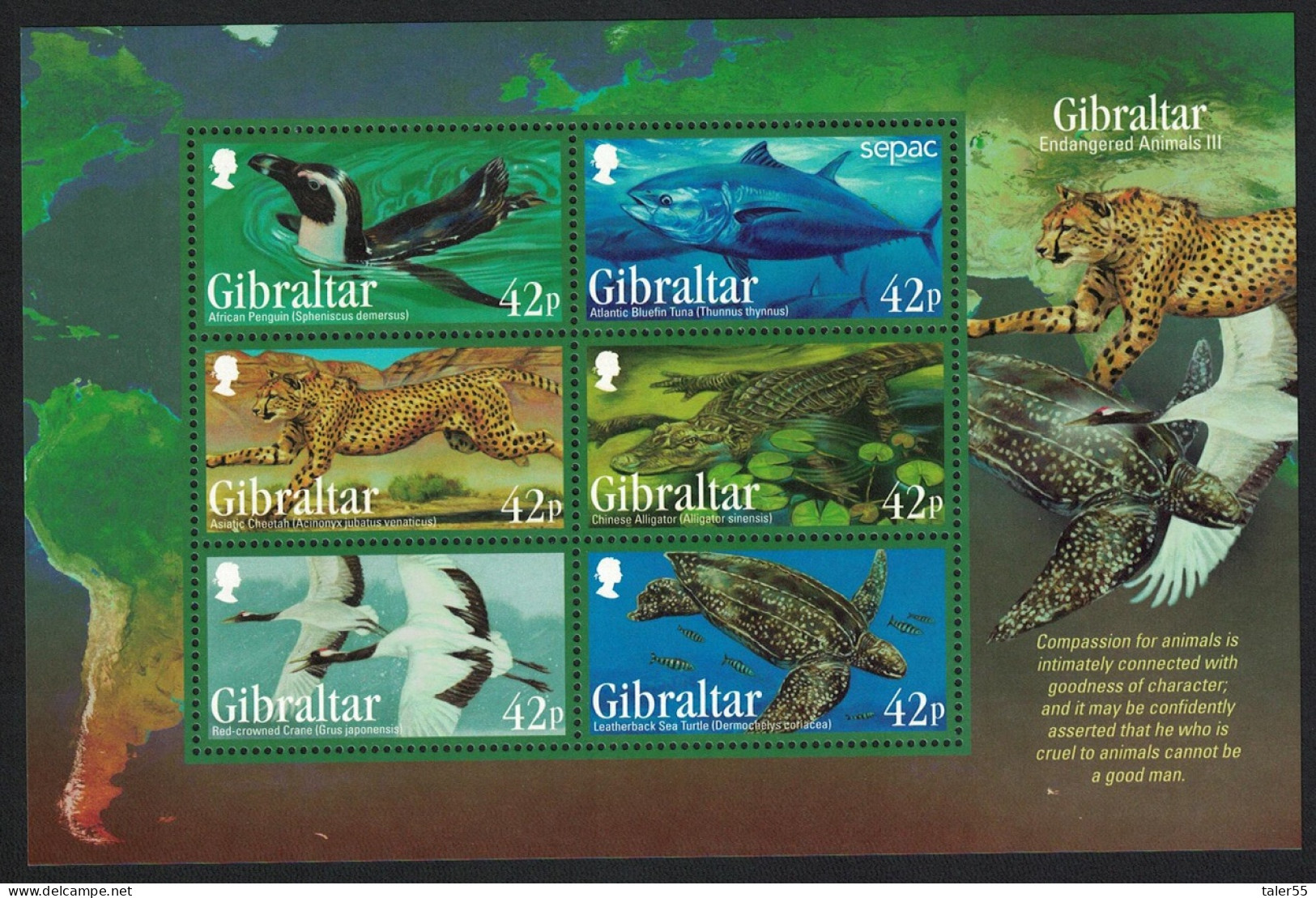 Gibraltar Penguin Crane Birds Cheetah Tuna Fish Alligator Turtle MS 2013 MNH SG#MS1537 - Gibilterra