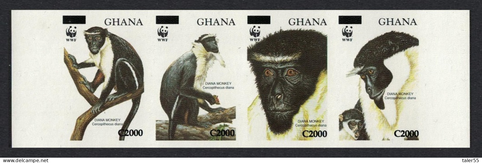 Ghana WWF Diana Monkey 4v Strip Overprinted IMPERF RARR 2006 MNH SG#3574-3577 MI#3885-3888 - Ghana (1957-...)