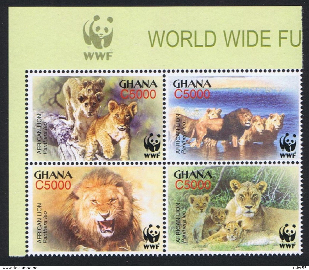 Ghana WWF African Lion 4v Corner Block Of 4 WWF Logo 2004 MNH SG#3432-3435 MI#3701-3704 Sc#2433 A-d - Ghana (1957-...)