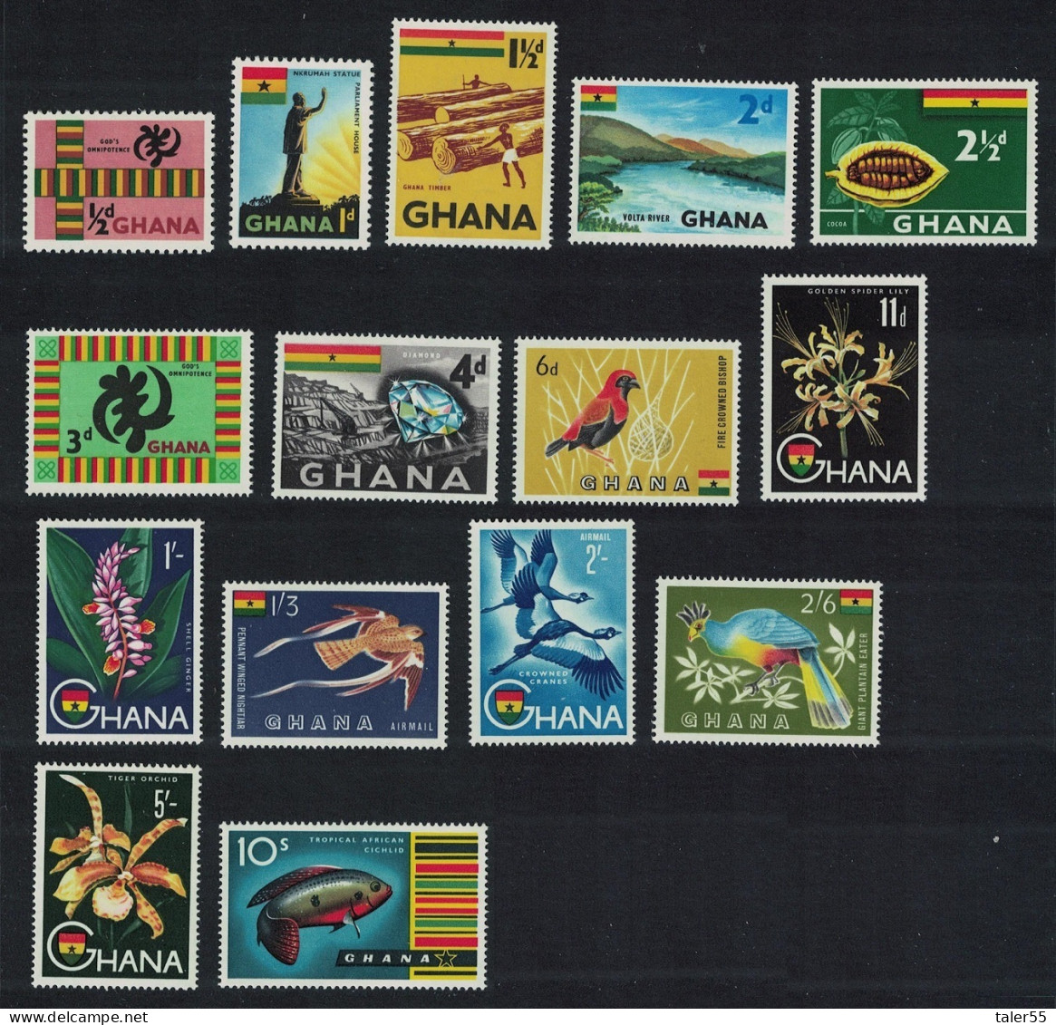 Ghana Birds Orchids Fish Definitives 15v 1959 SG#213-227 Sc#48-60+C1-C2 - Ghana (1957-...)