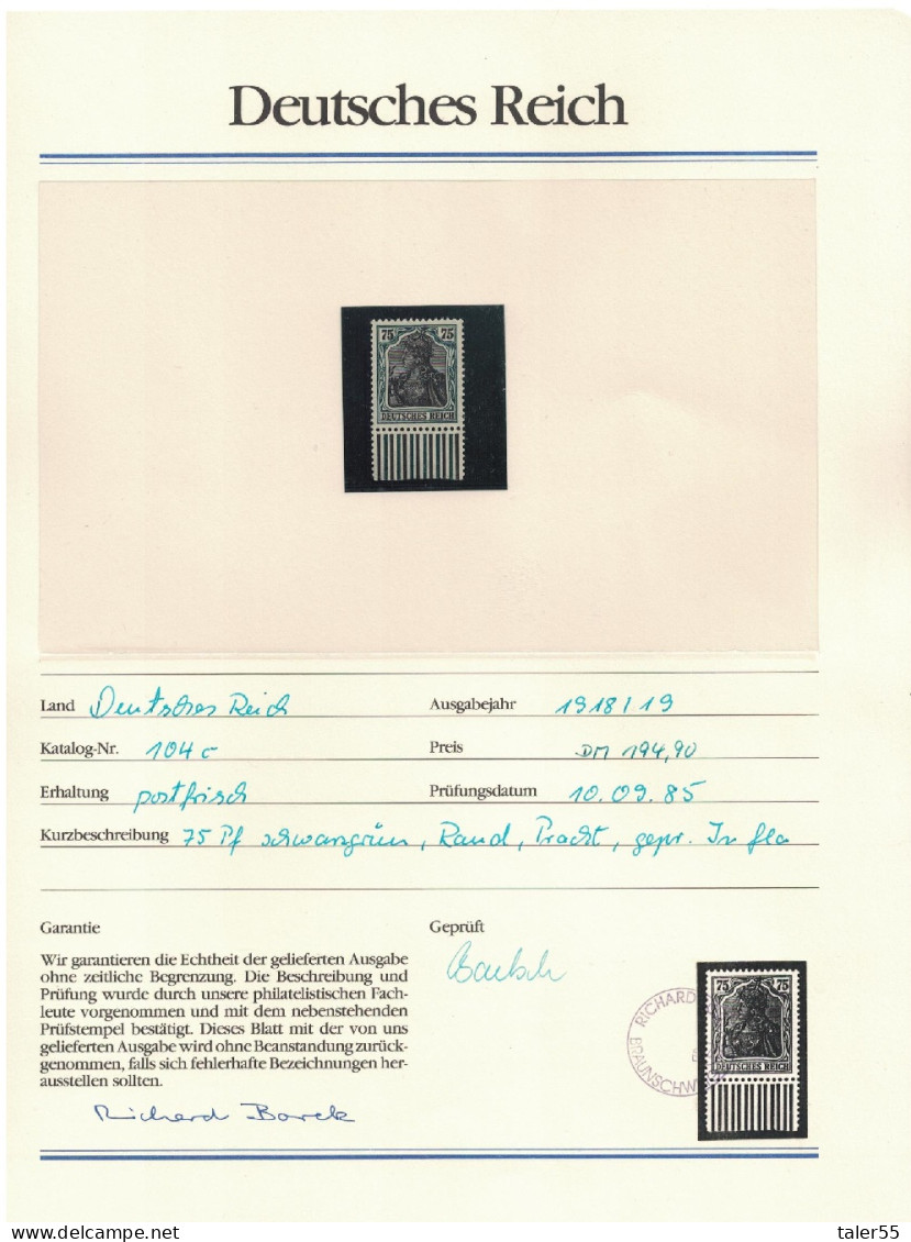 Germany Reich 'GERMANIA' 75 Pfennig Margin With BOREK Certificate RARR! 1918 MNH MI#104c W - Ungebraucht