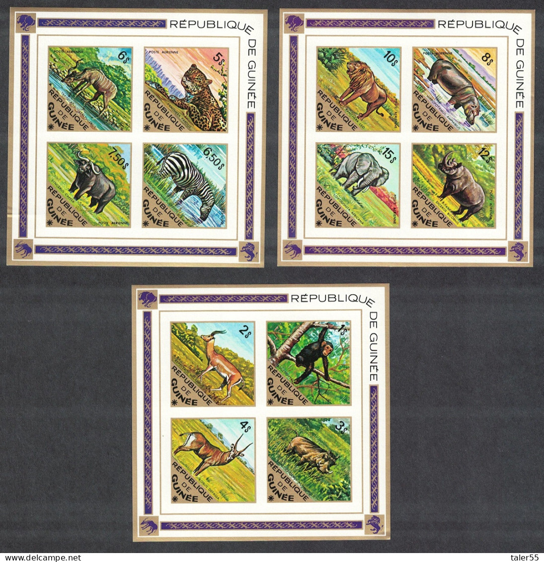 Guinea Elephant Leopard Zebra Monkey Wild Animals 3 MSs IMPERF 1975 MNH SG#MS883 MI#Blocks 39B-41B - Guinea (1958-...)