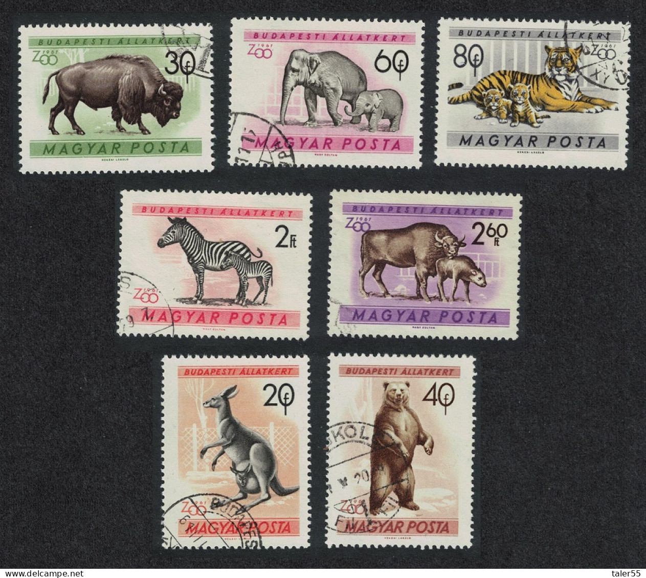 Hungary Kangaroo Tiger Elephants Zebra Bears Budapest Zoo Animals 7v 1961 Canc SG#1716=1724 - Used Stamps