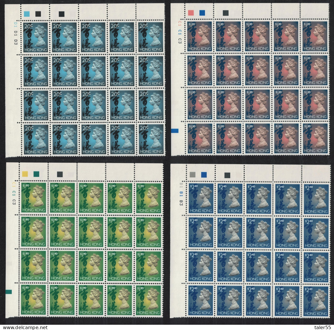 Hong Kong Definitives Machin 2nd Issue 4 Values Blocks Of 20 1993 SG#702b - 713a MI#701 Ix - 704 Ix - Ungebraucht