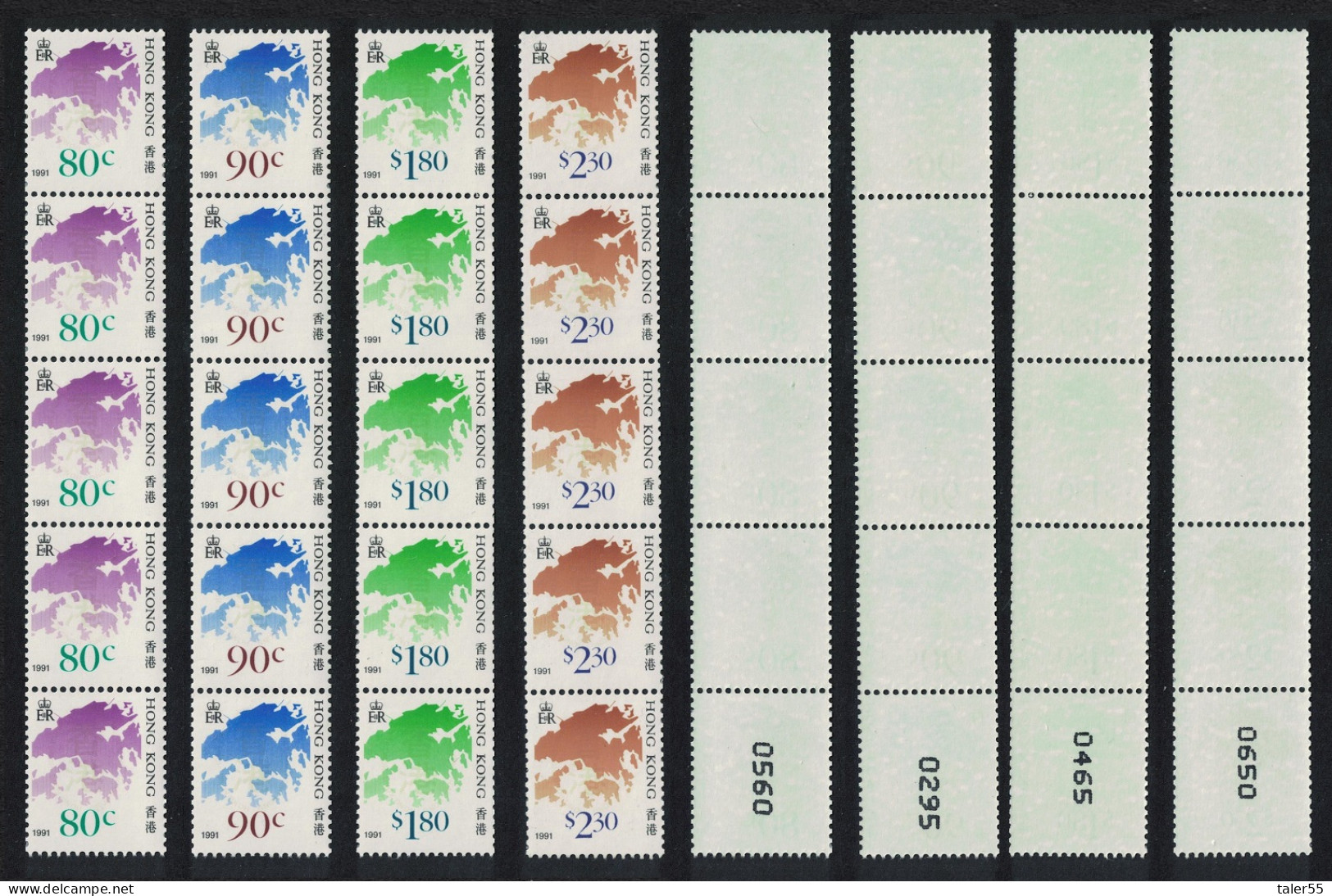 Hong Kong Coil Stamps Full Set 4v Strips Of 5 Control Number 1992 MNH SG#554c-554f MI#641-644 - Ungebraucht