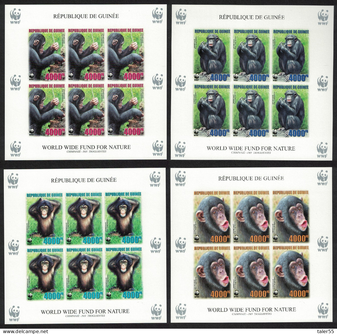 Guinea WWF Chimpanzee 4 Imperf Sheetlets Of 6 Stamps 6 Sets 2006 MNH MI#4222B-4225B - Guinea (1958-...)