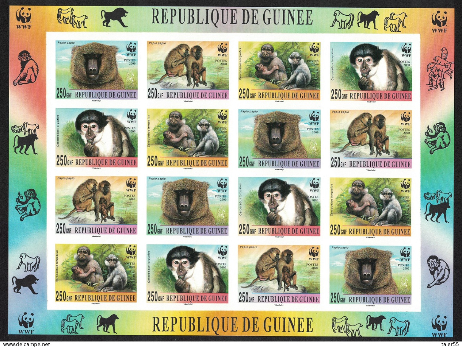 Guinea WWF Mangabey And Baboon Imperf Sheetlet Of 4 Sets 2000 MNH - Guinea (1958-...)