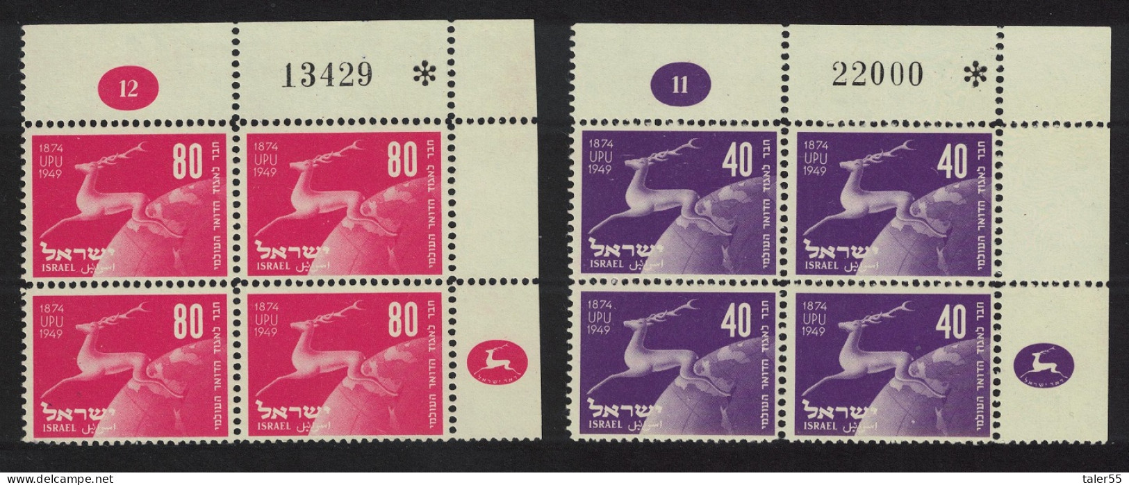 Israel 75th Anniversary Of UPU Corner Blocks Control Numbers 1950 MNH SG#27-28 MI#28-29 - Altri & Non Classificati