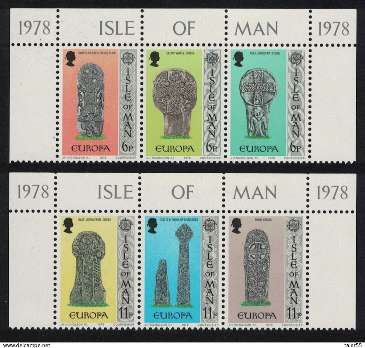 Isle Of Man Europa Celtic And Norse Crosses 6v Top Strips 1978 MNH SG#133-138 Sc#133a+136a - Isola Di Man