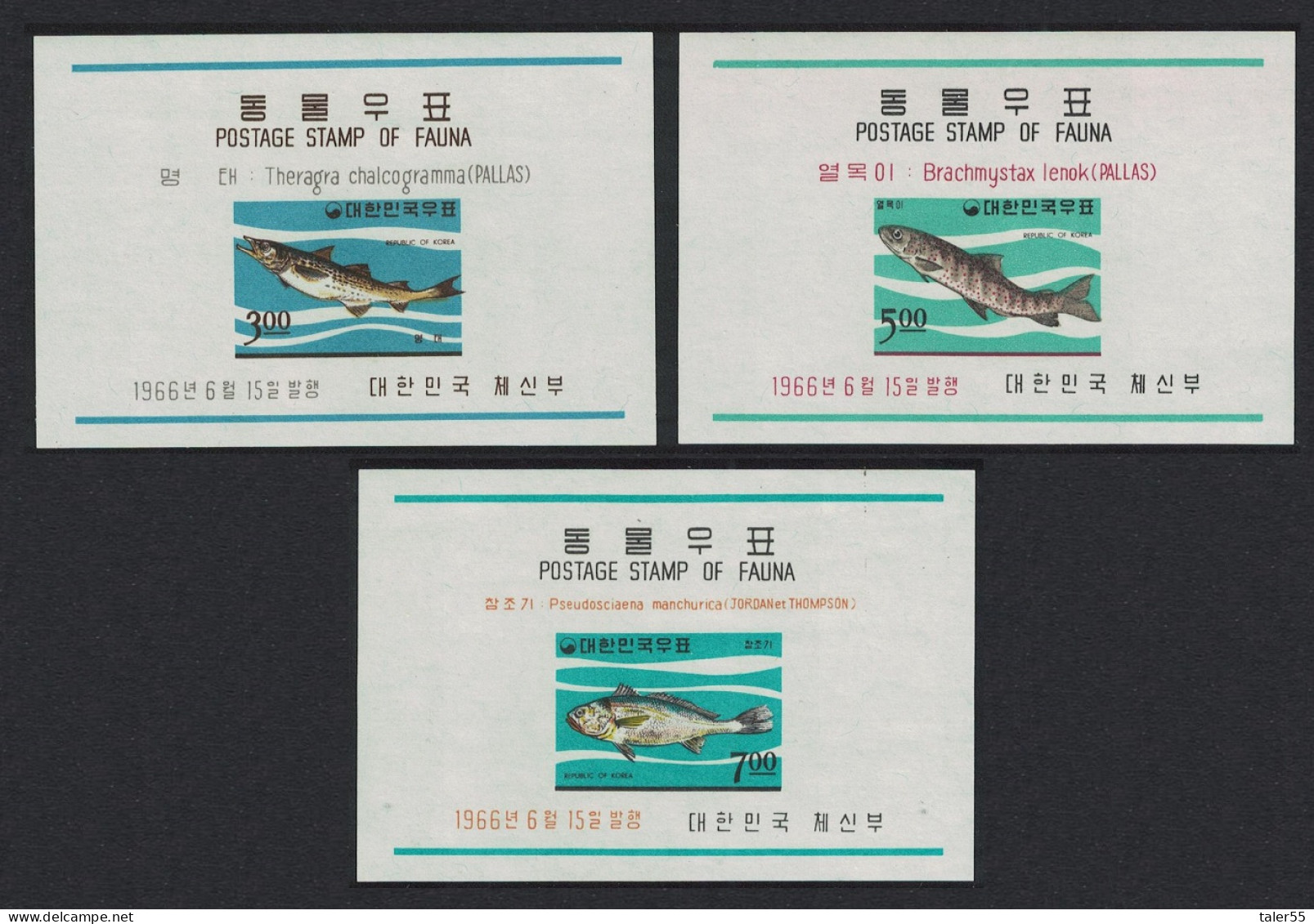 Korea Rep. Pollack Lenok Croaker Korean Fishes 3 MSs 1966 MNH SG#MS640 Sc#496a-498a - Corea Del Sur