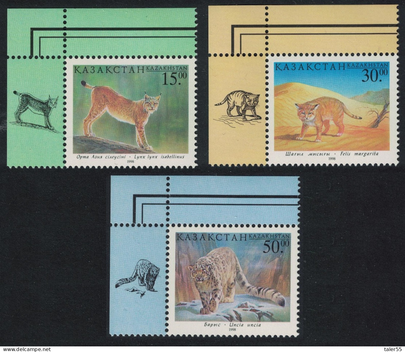 Kazakhstan Leopard Lynx Dune Cat Wild Cats 3v Corners 1998 MNH SG#234-236 - Kazajstán