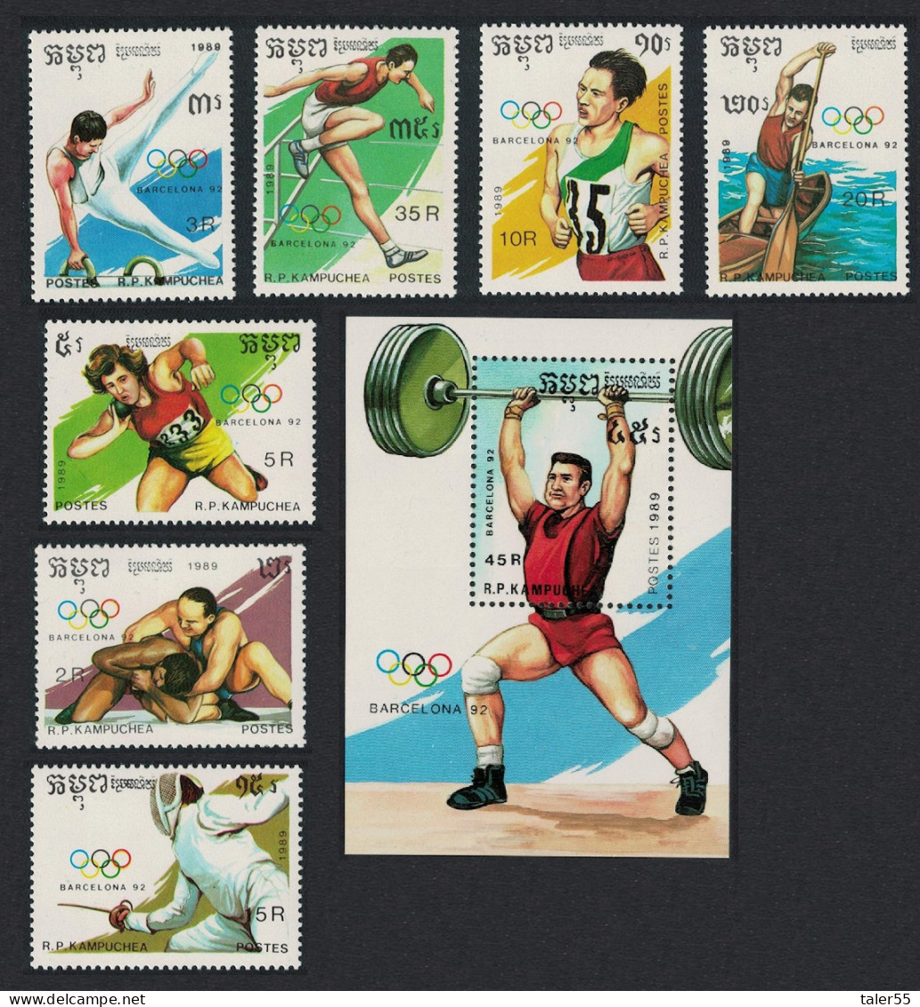 Kampuchea Wrestling Canoe Weight Lifting Olympic Games Barcelona 7v+MS 1989 MNH SG#993-MS1000 Sc#962-969 - Kampuchea