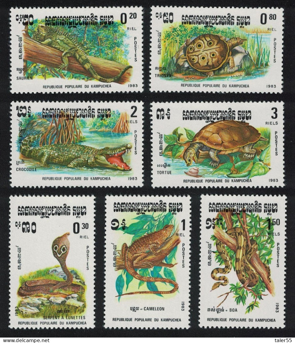 Kampuchea Cobra Snake Turtle Chamaeleon Reptiles 7v 1983 MNH SG#454-460 Sc#420-426 - Kampuchea