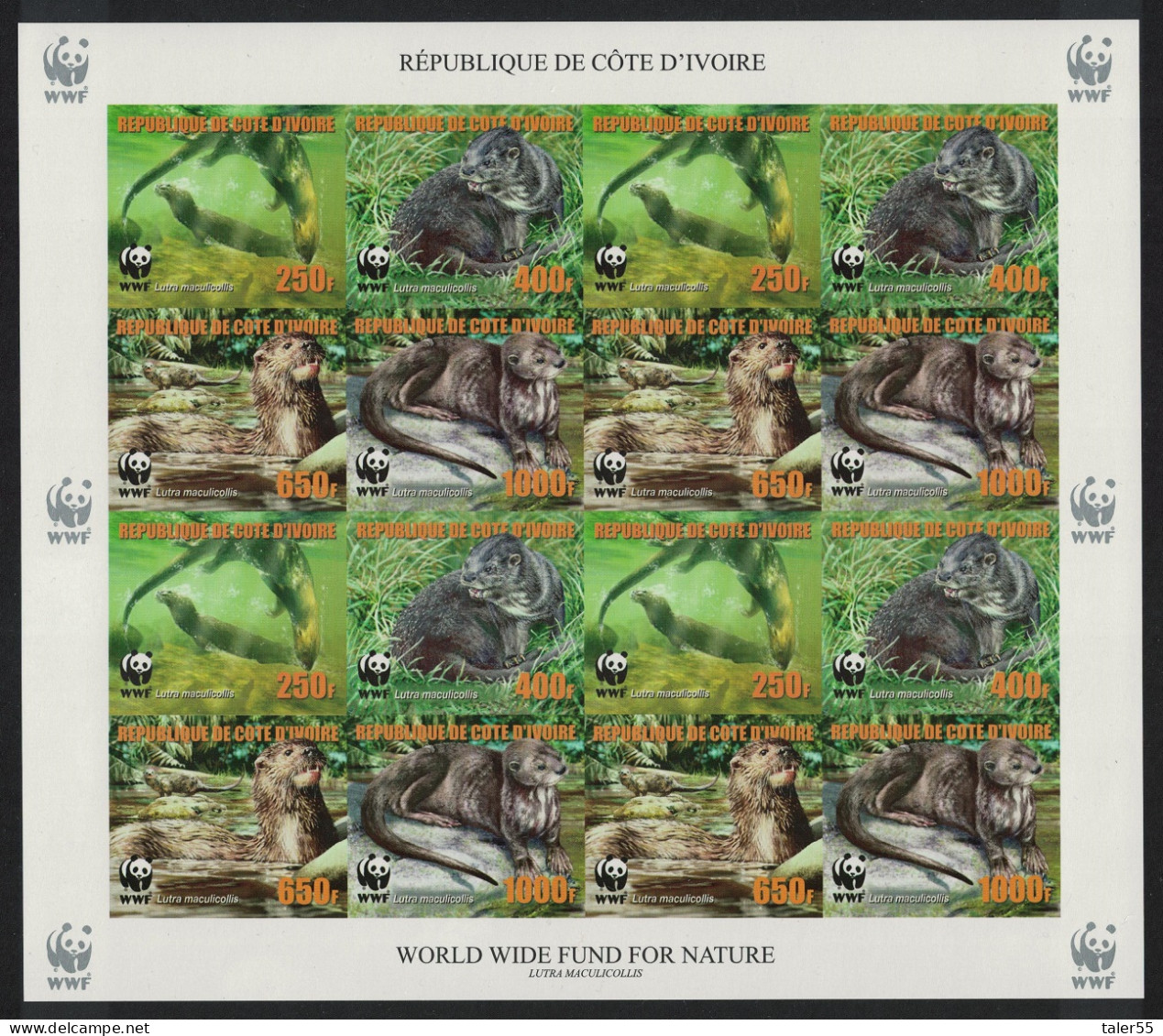 Ivory Coast WWF Otter Imperf Sheetlet Of 4 Sets Reprint 2005 MNH MI#1353B-1356B - Costa De Marfil (1960-...)
