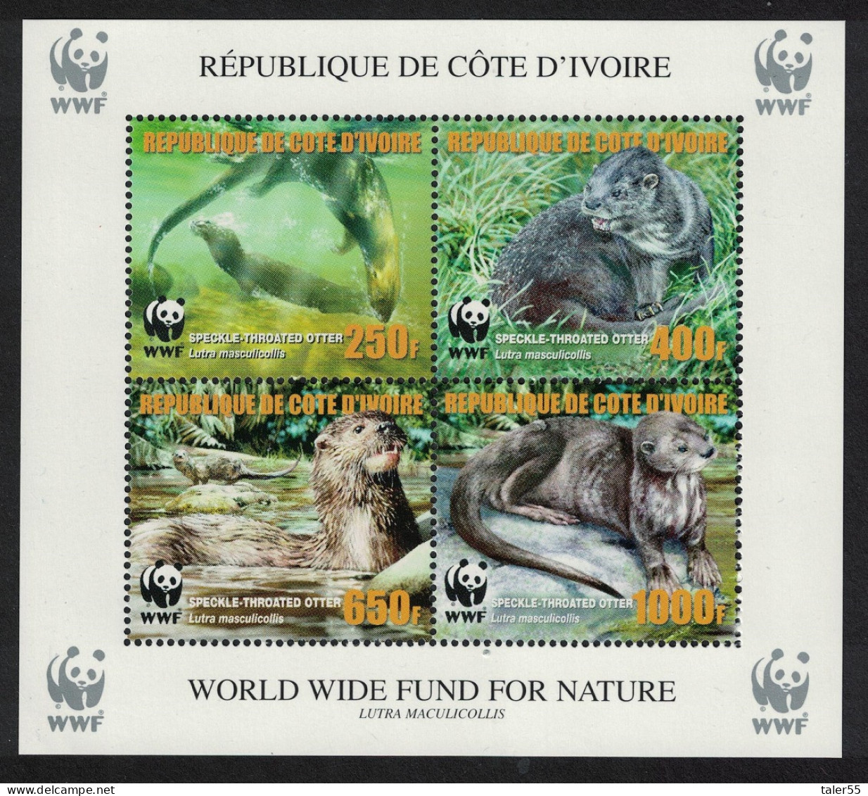 Ivory Coast WWF Speckle-throated Otter MS ERROR 2005 MNH MI#Block 58A - Costa De Marfil (1960-...)
