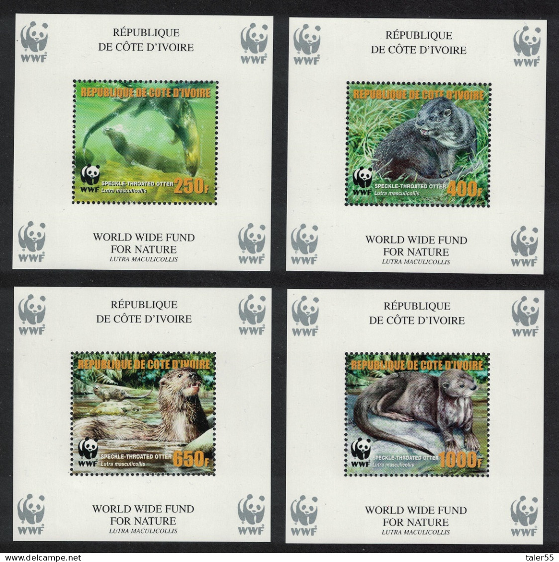 Ivory Coast WWF Speckle-throated Otter 4 MSs ERROR 2005 MNH MI#Block 54A-57A - Costa De Marfil (1960-...)