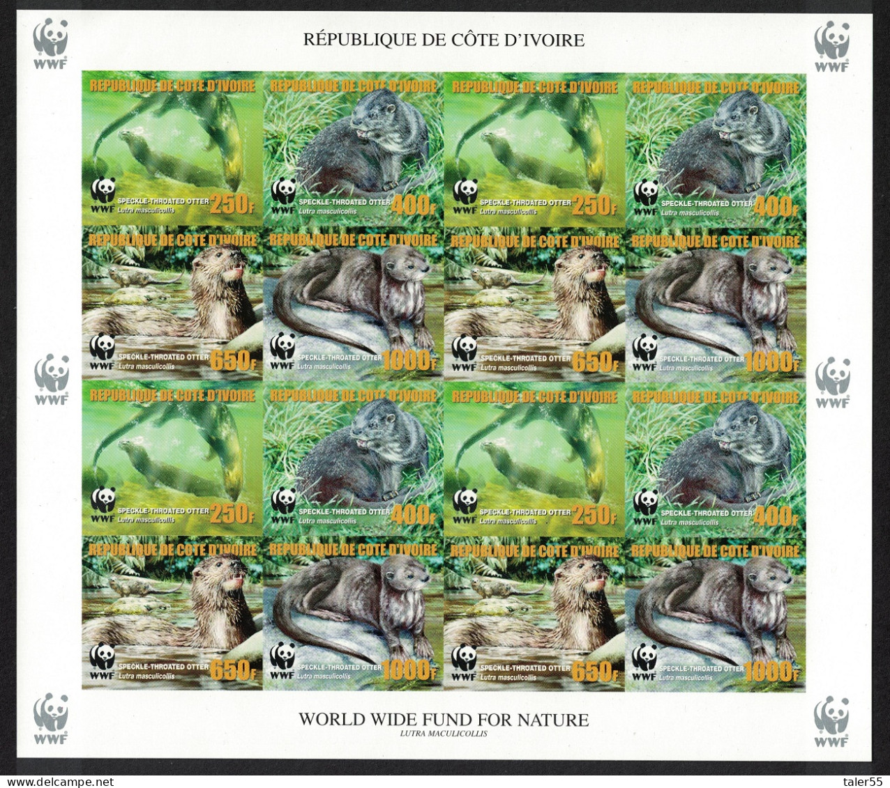 Ivory Coast WWF Speckle-throated Otter Sheetlet Of 4 Sets Imperf ERROR 2005 MNH MI#1349-1352B - Costa De Marfil (1960-...)