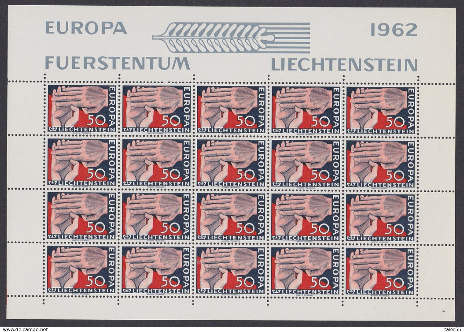 Liechtenstein Clasped Hands Europa 1c Full Sheet 1962 MNH SG#413 Sc#370 - Unused Stamps