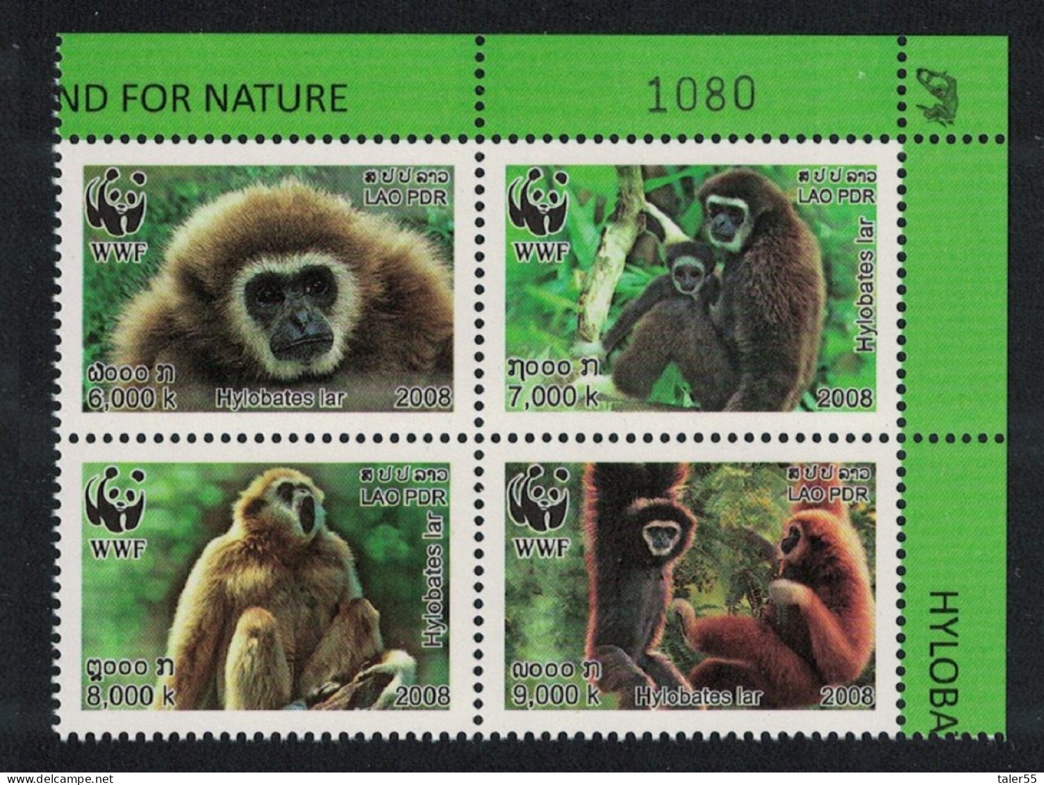 Laos WWF White-handed Gibbon 4v Block 2*2 Control Number 2008 MNH SG#2021-2024 MI#2062-2065 Sc#1738a-d - Laos